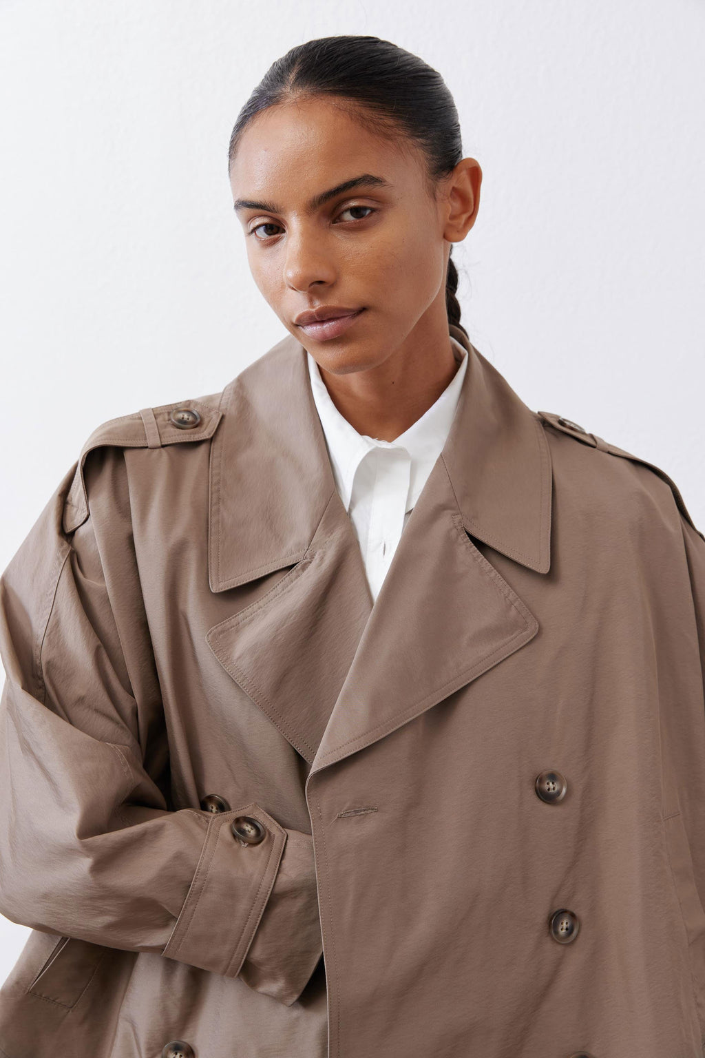 Oversized Nylon Trench Coat in Walnut