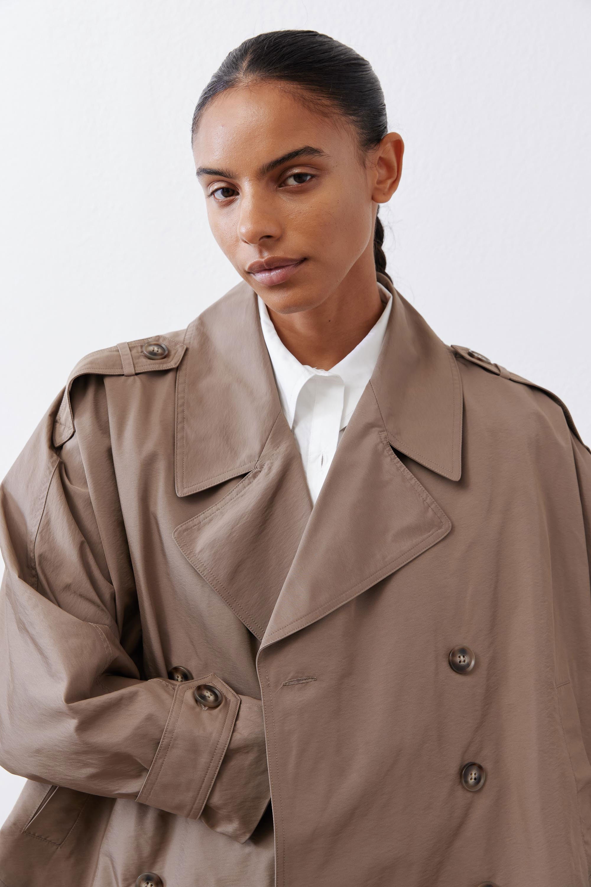 Oversized Nylon Trench Coat in Walnut