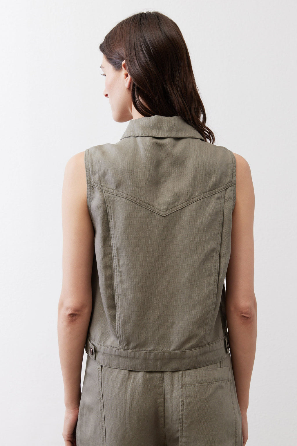 Cropped Utility Denim Vest in Mulled Basil