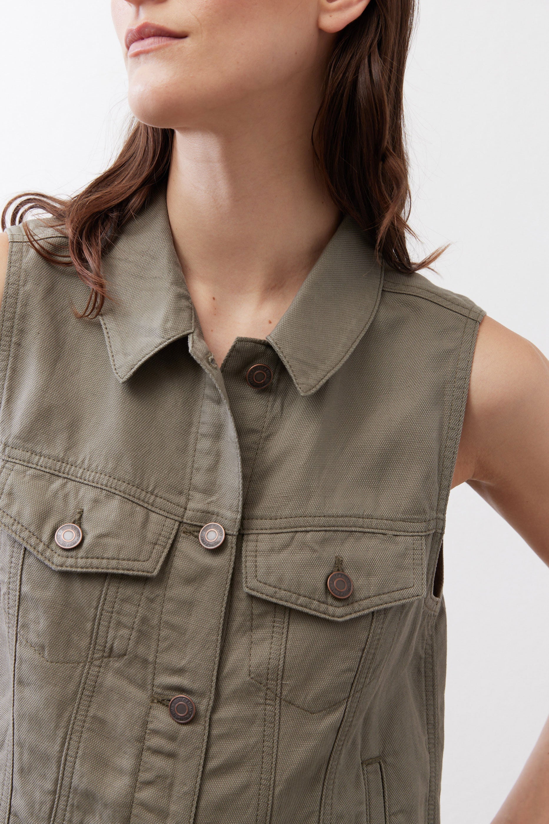 Cropped Utility Denim Vest in Mulled Basil