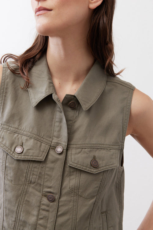 Cropped Utility Denim Vest in Mulled Basil