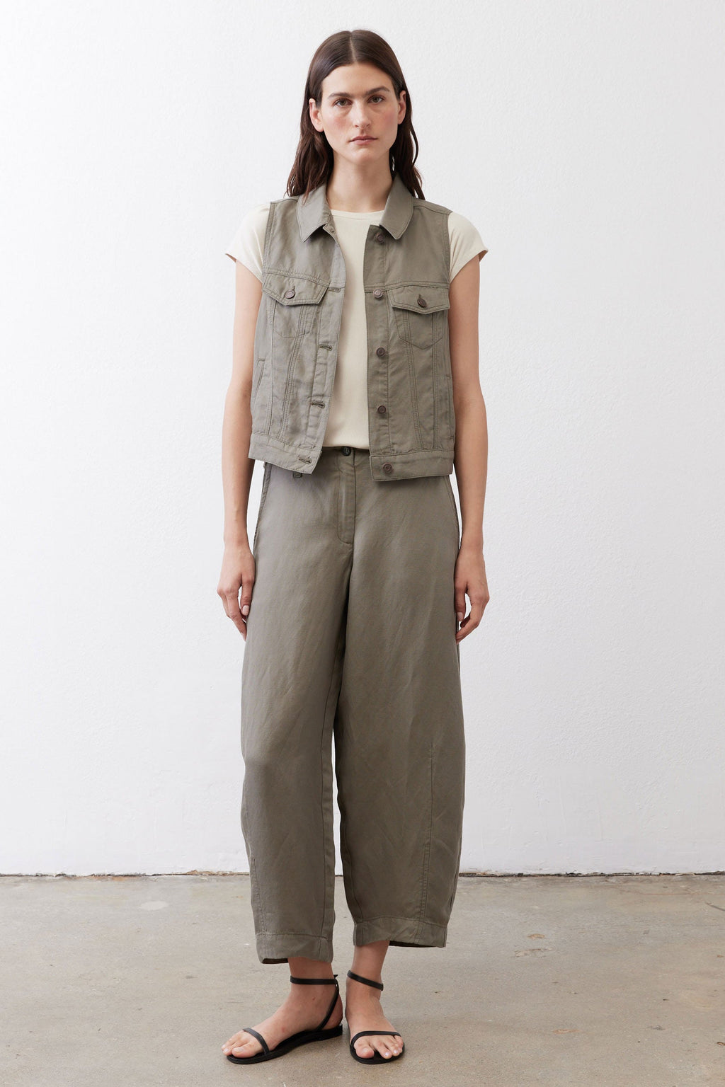 Cropped Utility Denim Vest in Mulled Basil