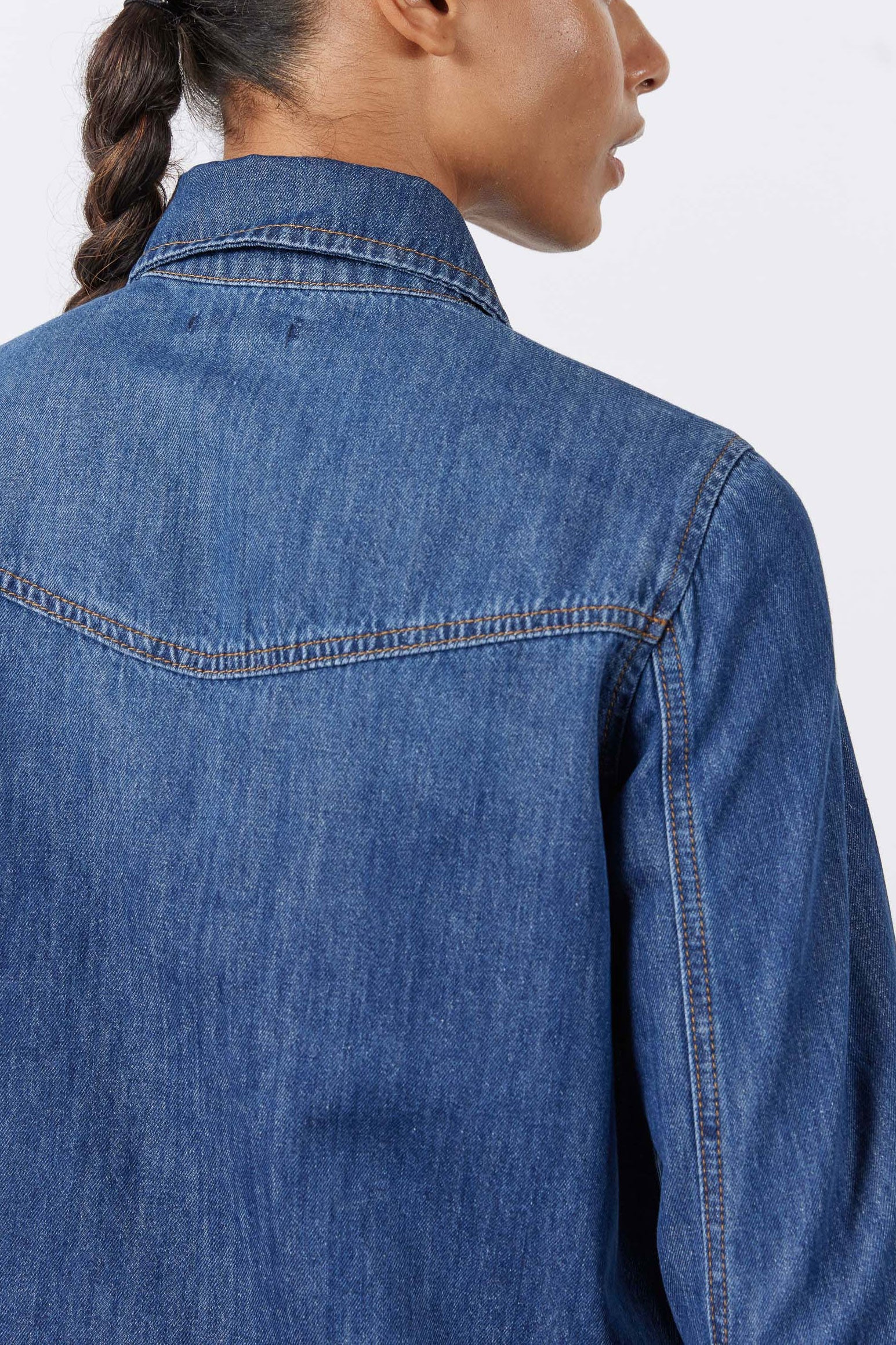 Handkerchief-Hem Zipper Denim Blouse in Medium Wash