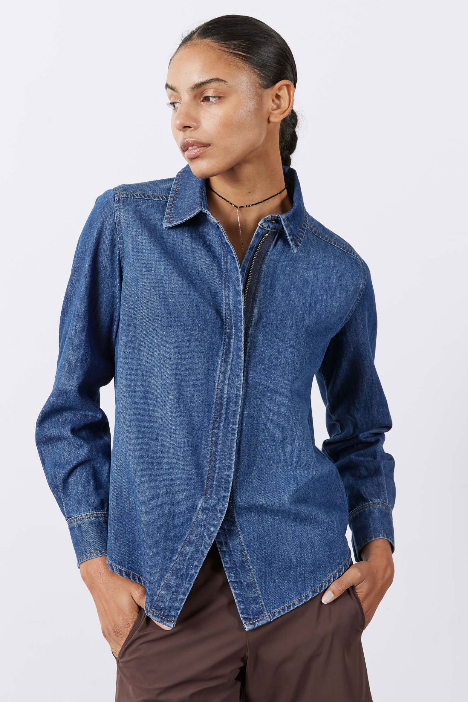 Handkerchief-Hem Zipper Denim Blouse in Medium Wash