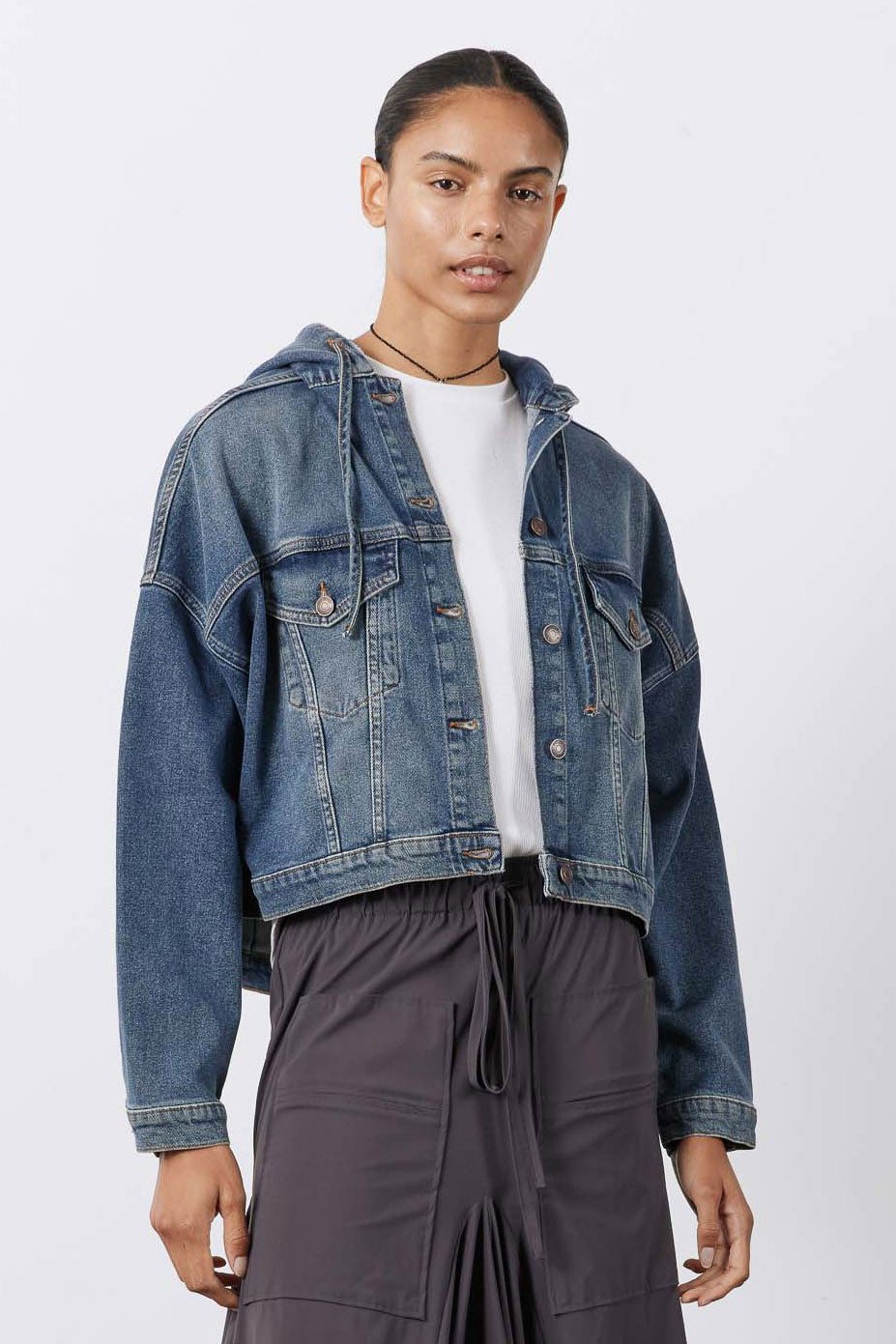 Cropped Oversized Denim Jacket in Night Blue