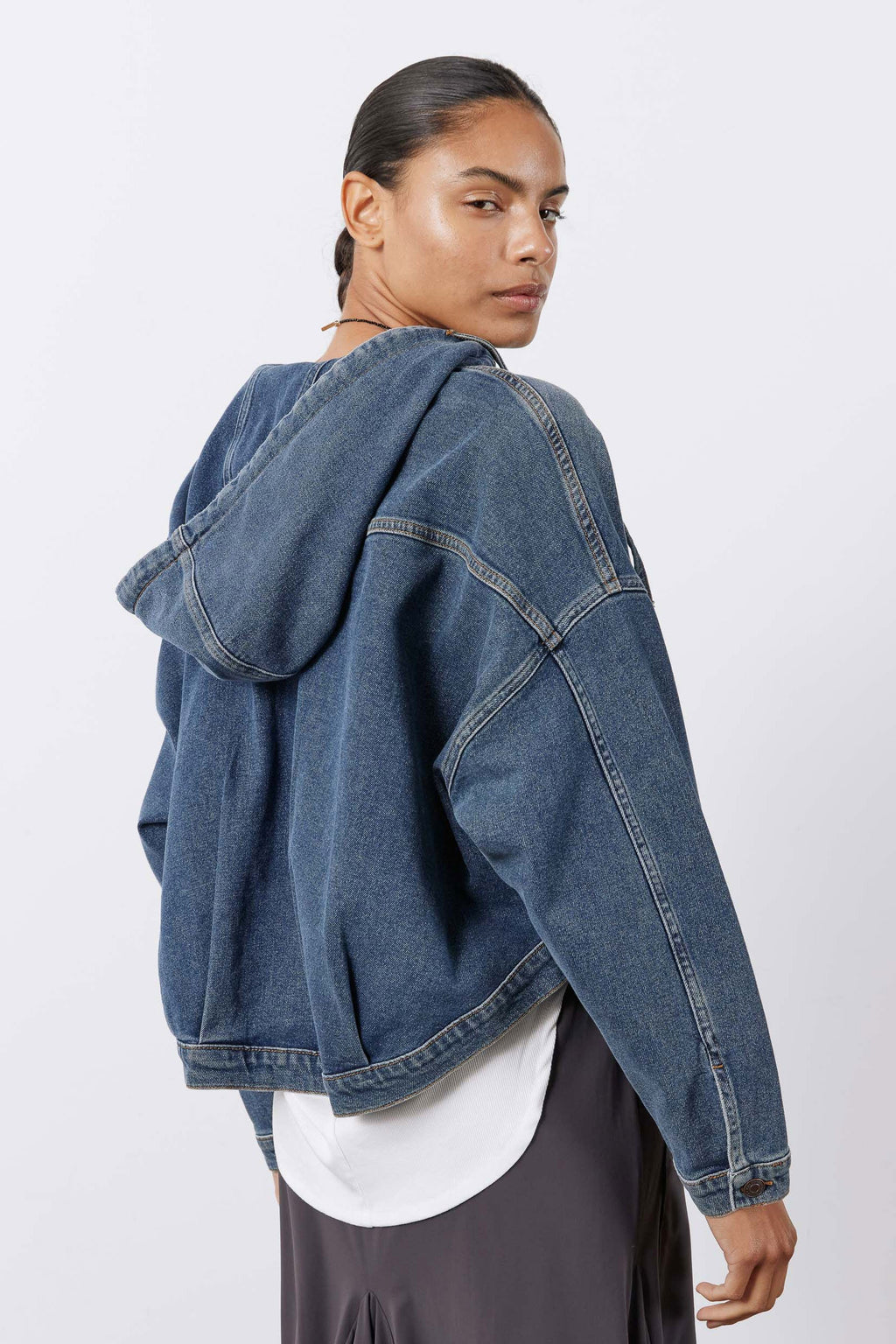 Cropped Oversized Denim Jacket in Night Blue