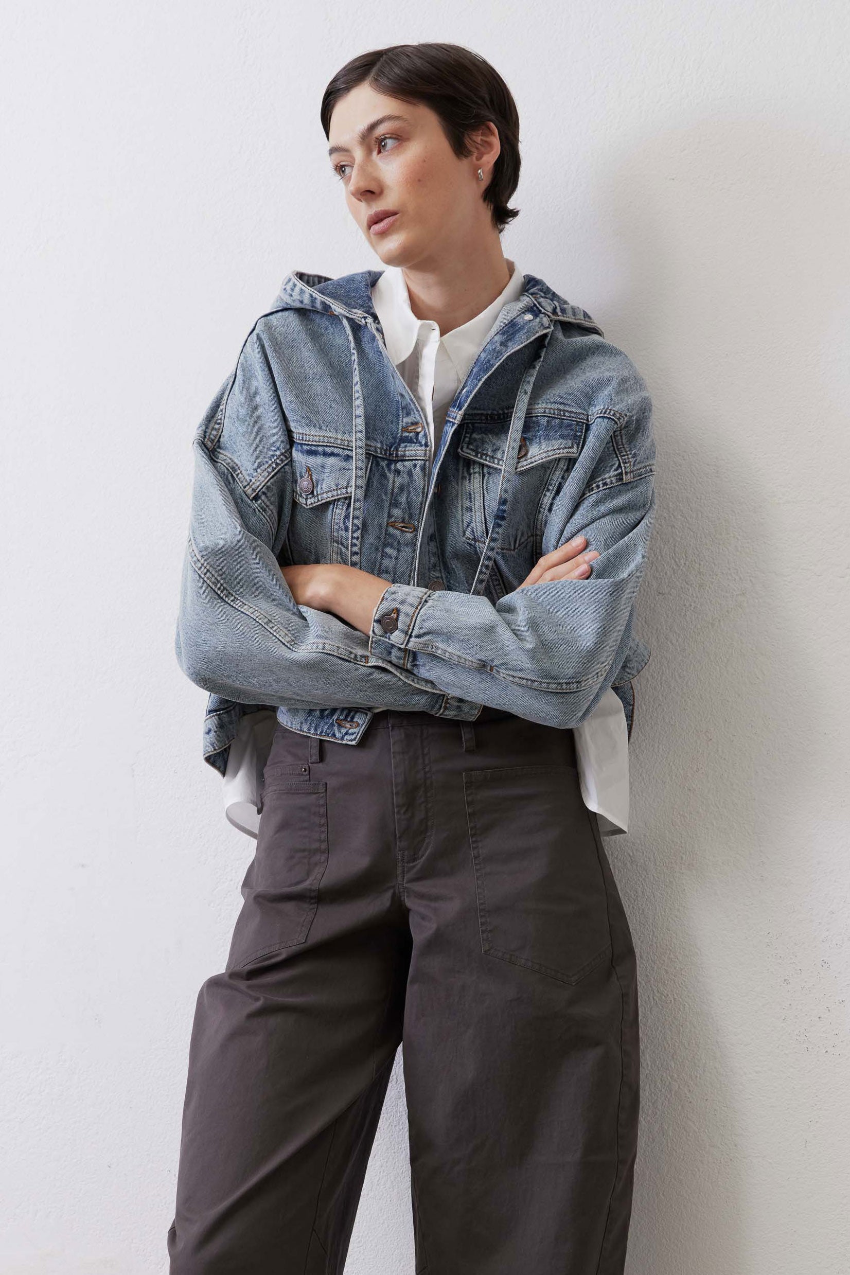 Cropped Oversized Denim Jacket in Black