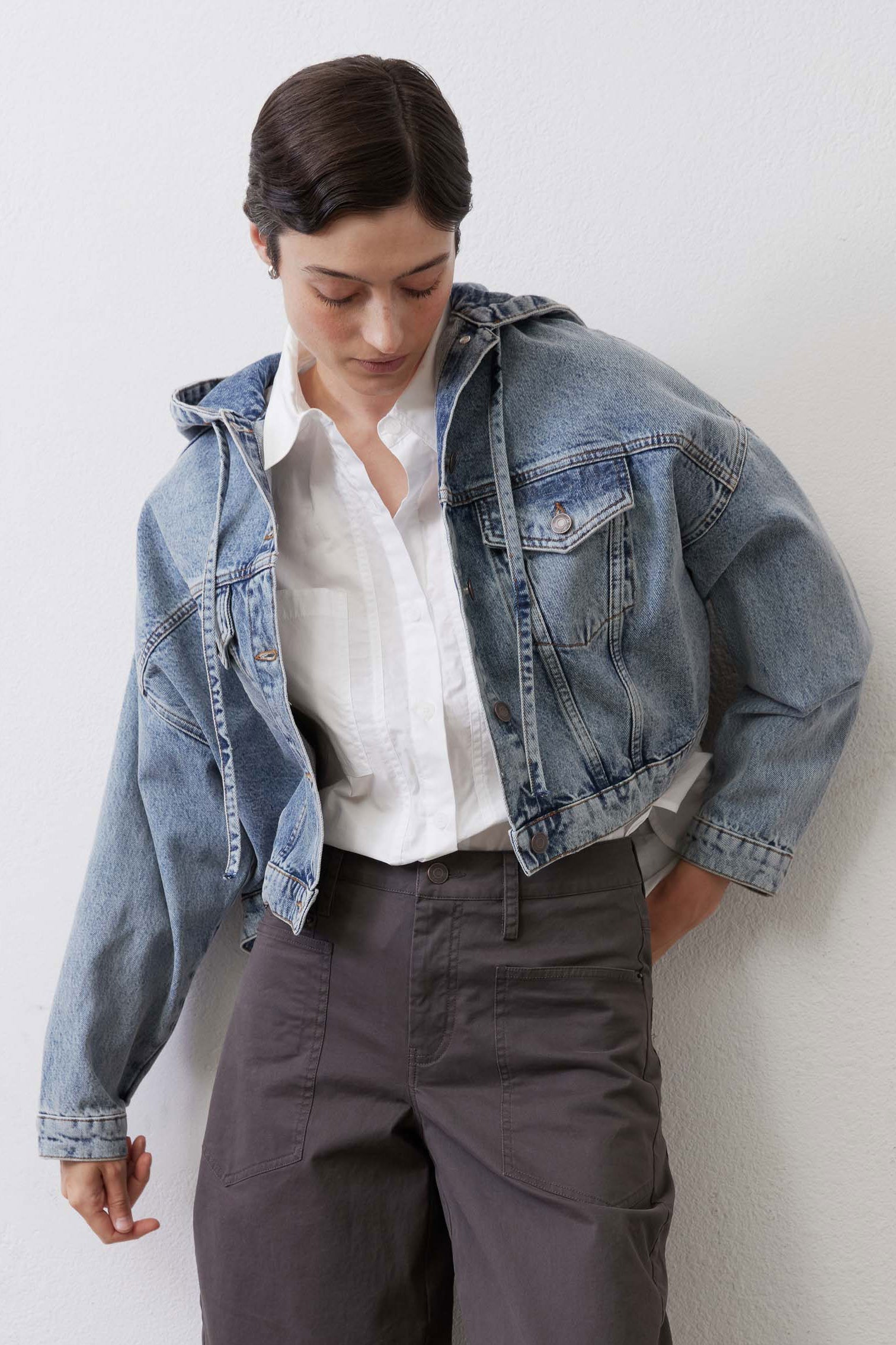 Cropped Oversized Denim Jacket in Black