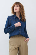 Relaxed Button-Front Medium-Wash Denim Shirt