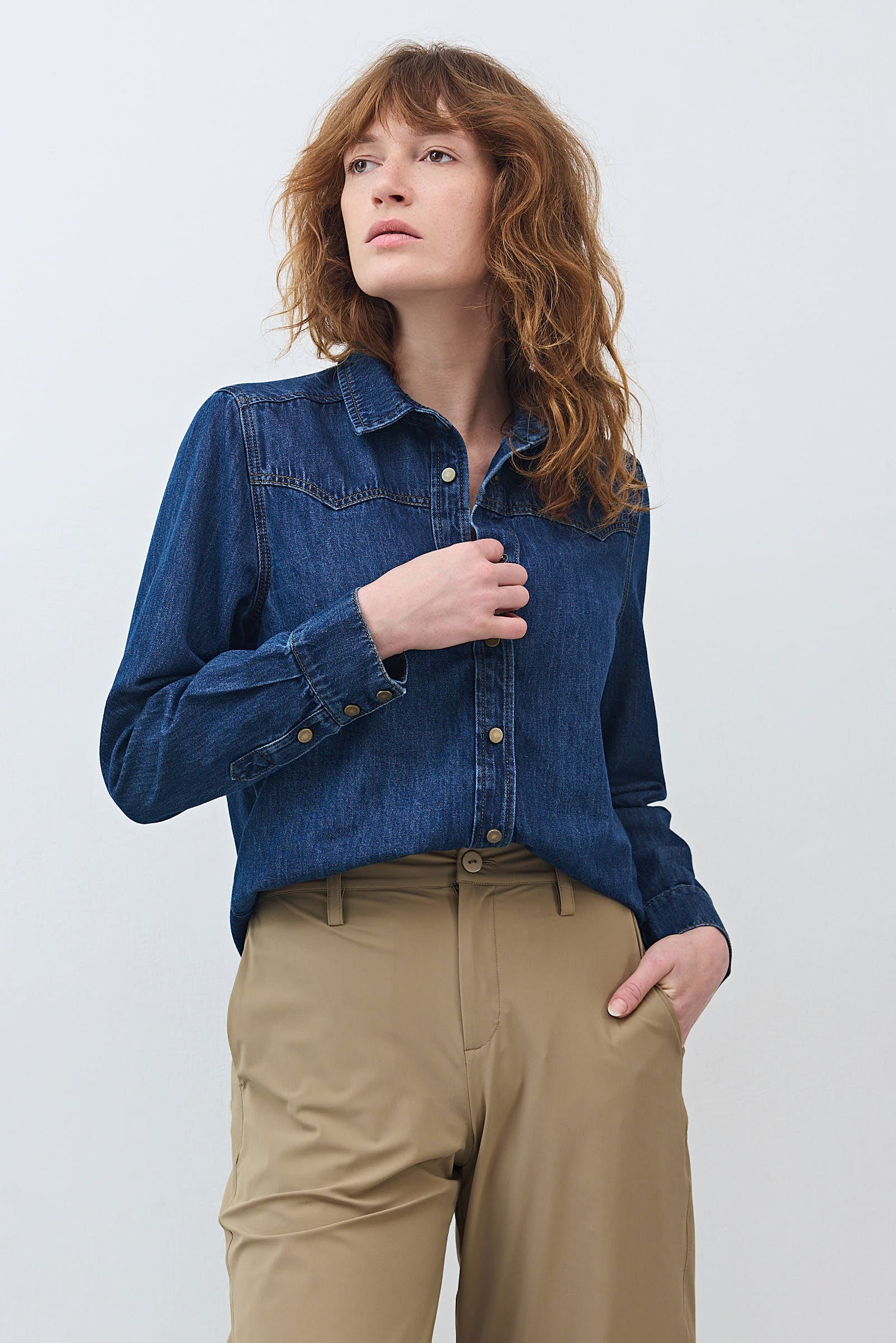 Relaxed Button-Front Medium-Wash Denim Shirt