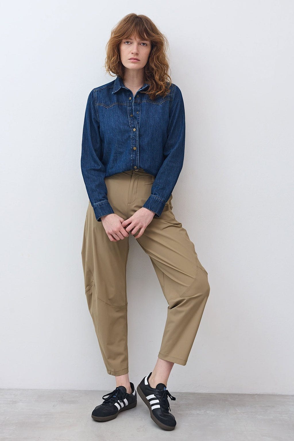 Relaxed Button-Front Medium-Wash Denim Shirt