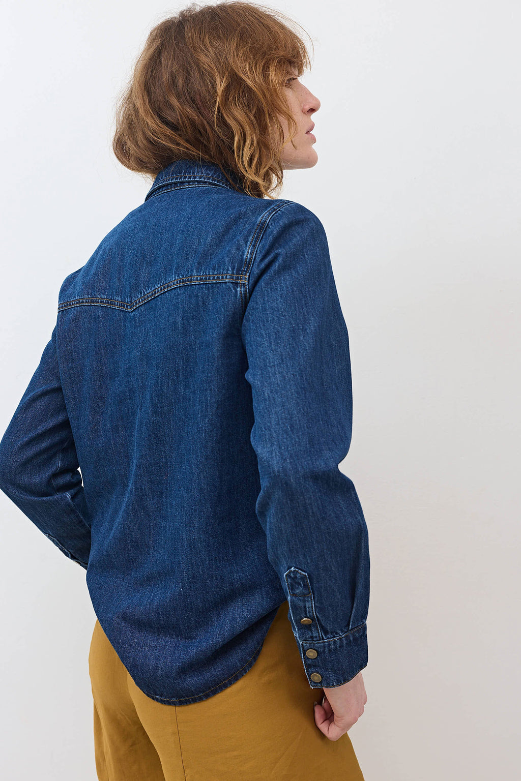 Relaxed Button-Front Medium-Wash Denim Shirt