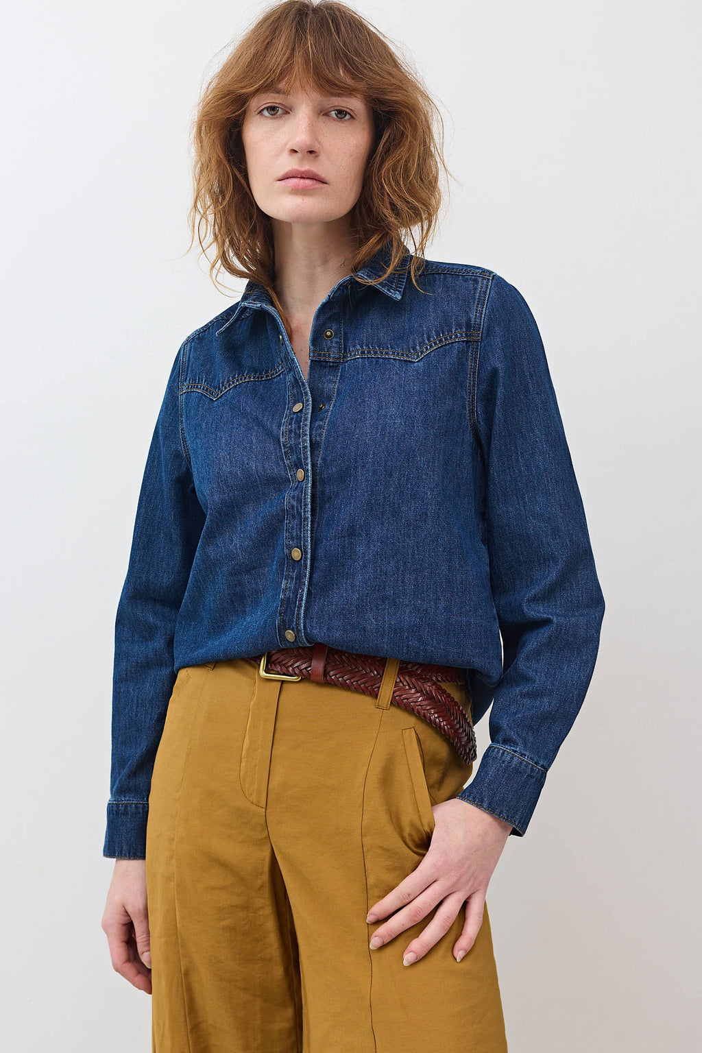 Relaxed Button-Front Medium-Wash Denim Shirt