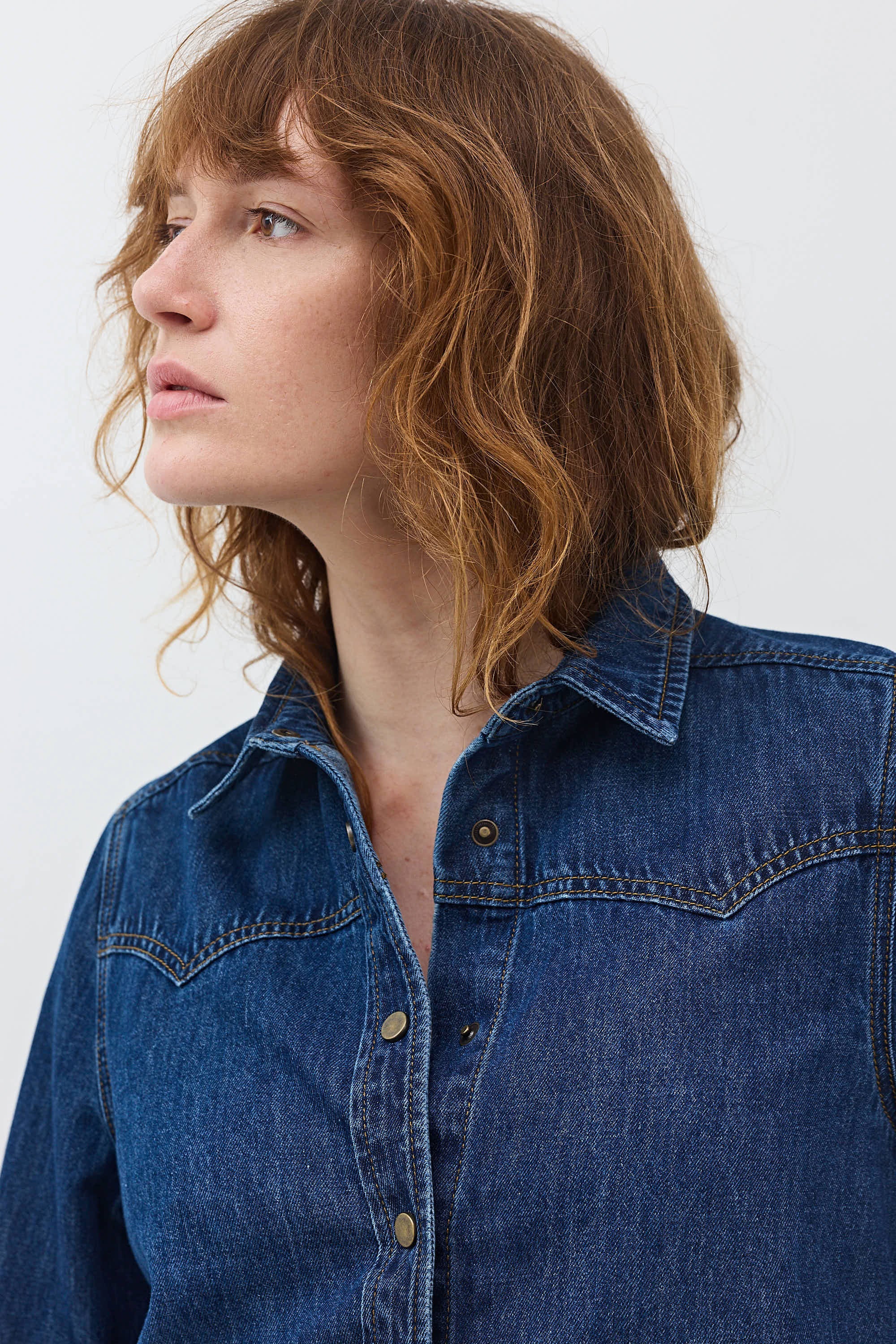 Relaxed Button-Front Medium-Wash Denim Shirt