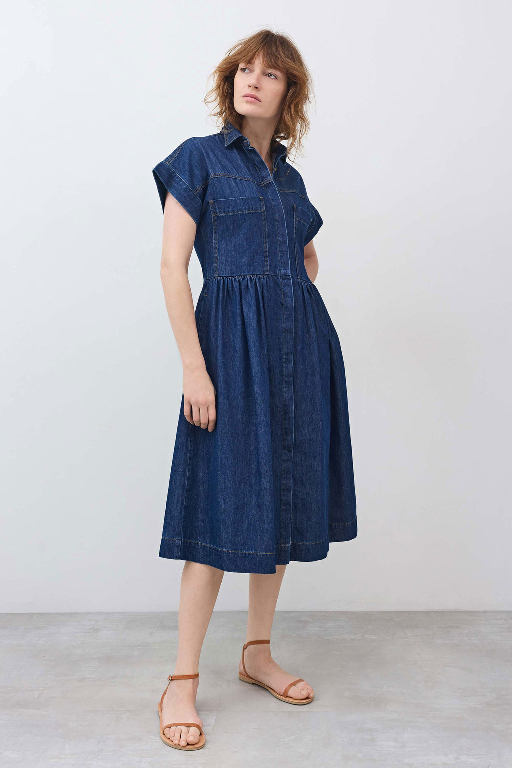 Button-Front Midi Denim Shirt Dress
