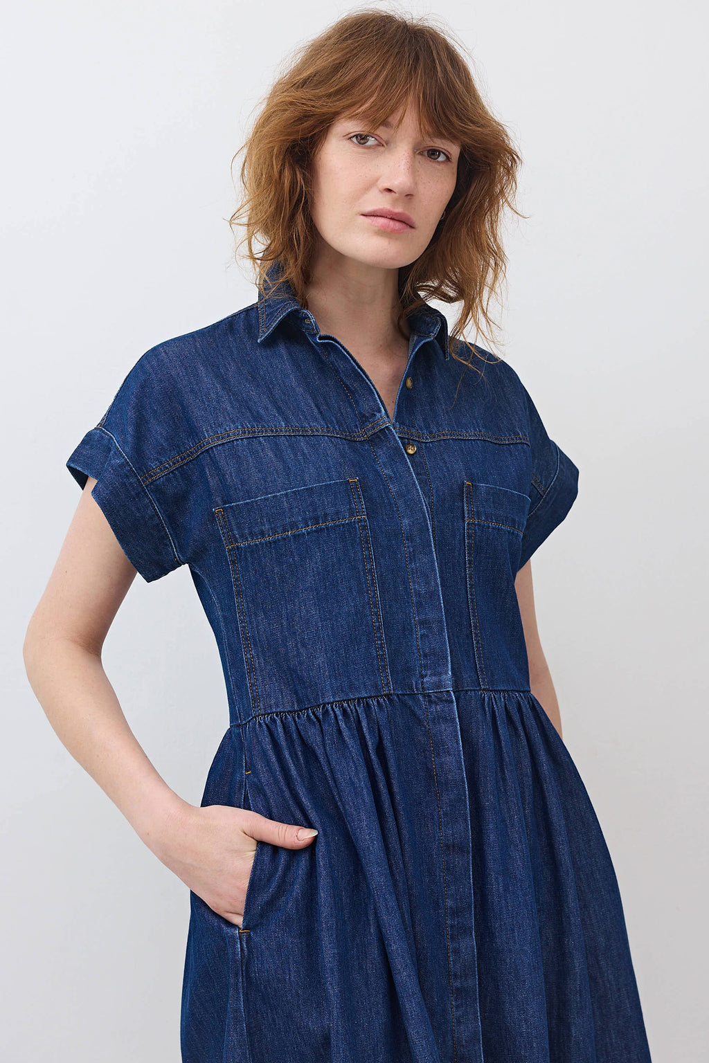 Button-Front Midi Denim Shirt Dress