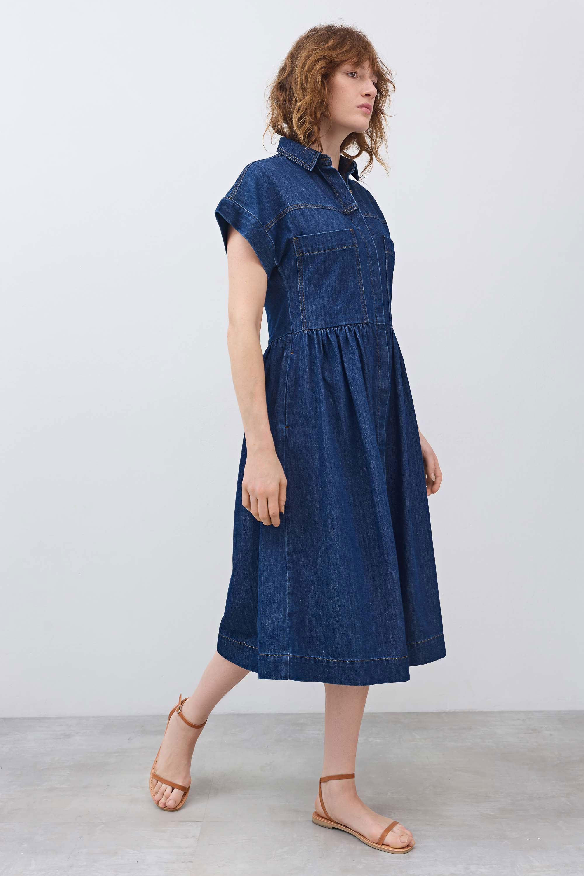 Button-Front Midi Denim Shirt Dress