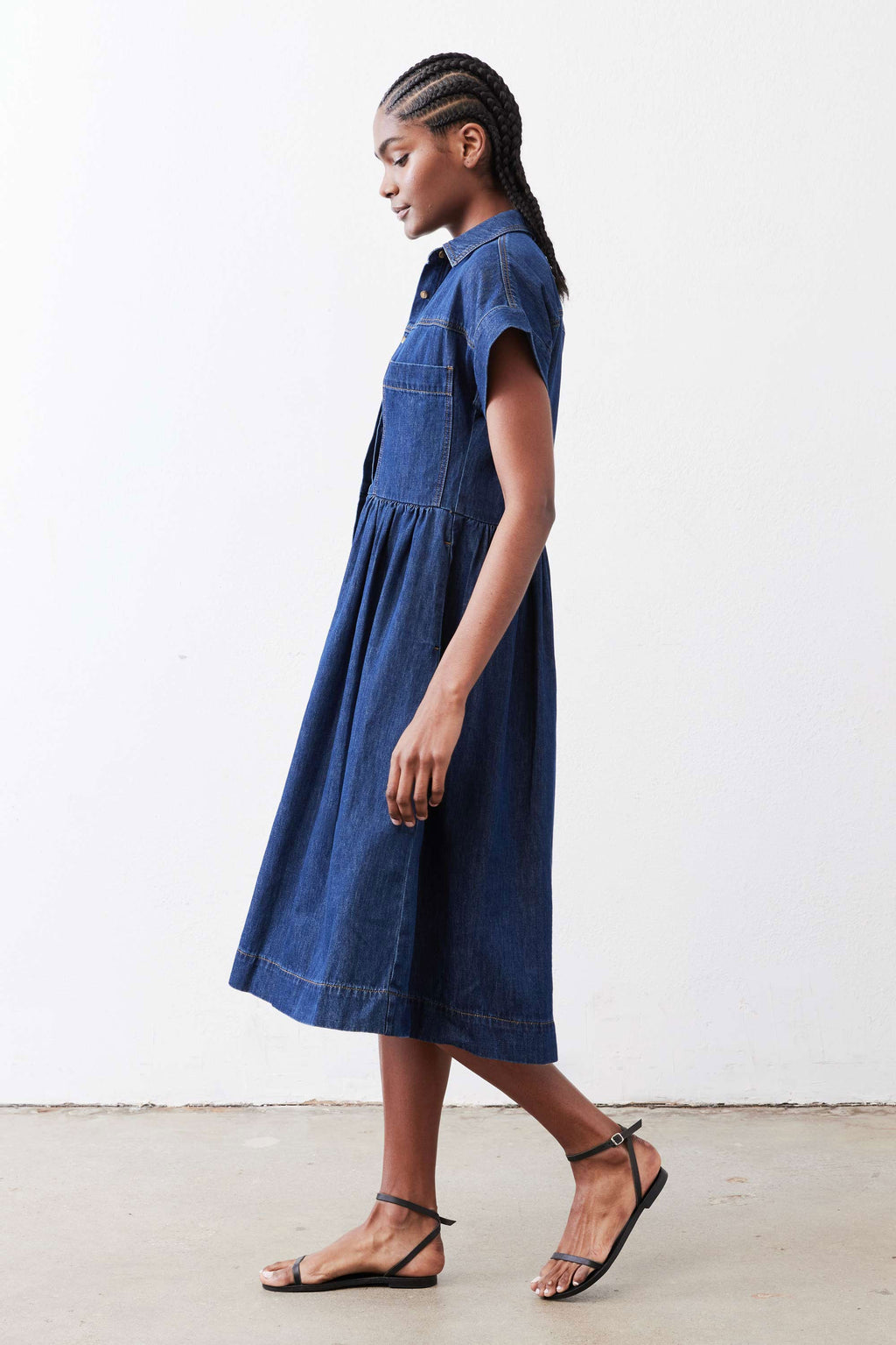 Button-Front Midi Denim Shirt Dress