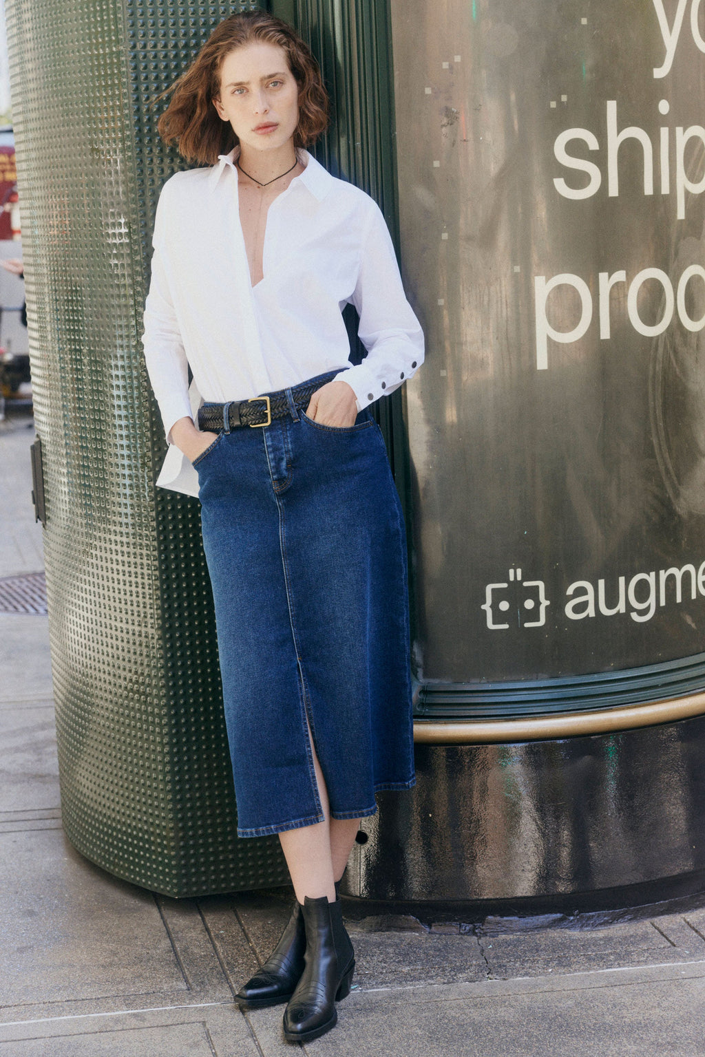 A-Line Stretch Denim Midi Skirt