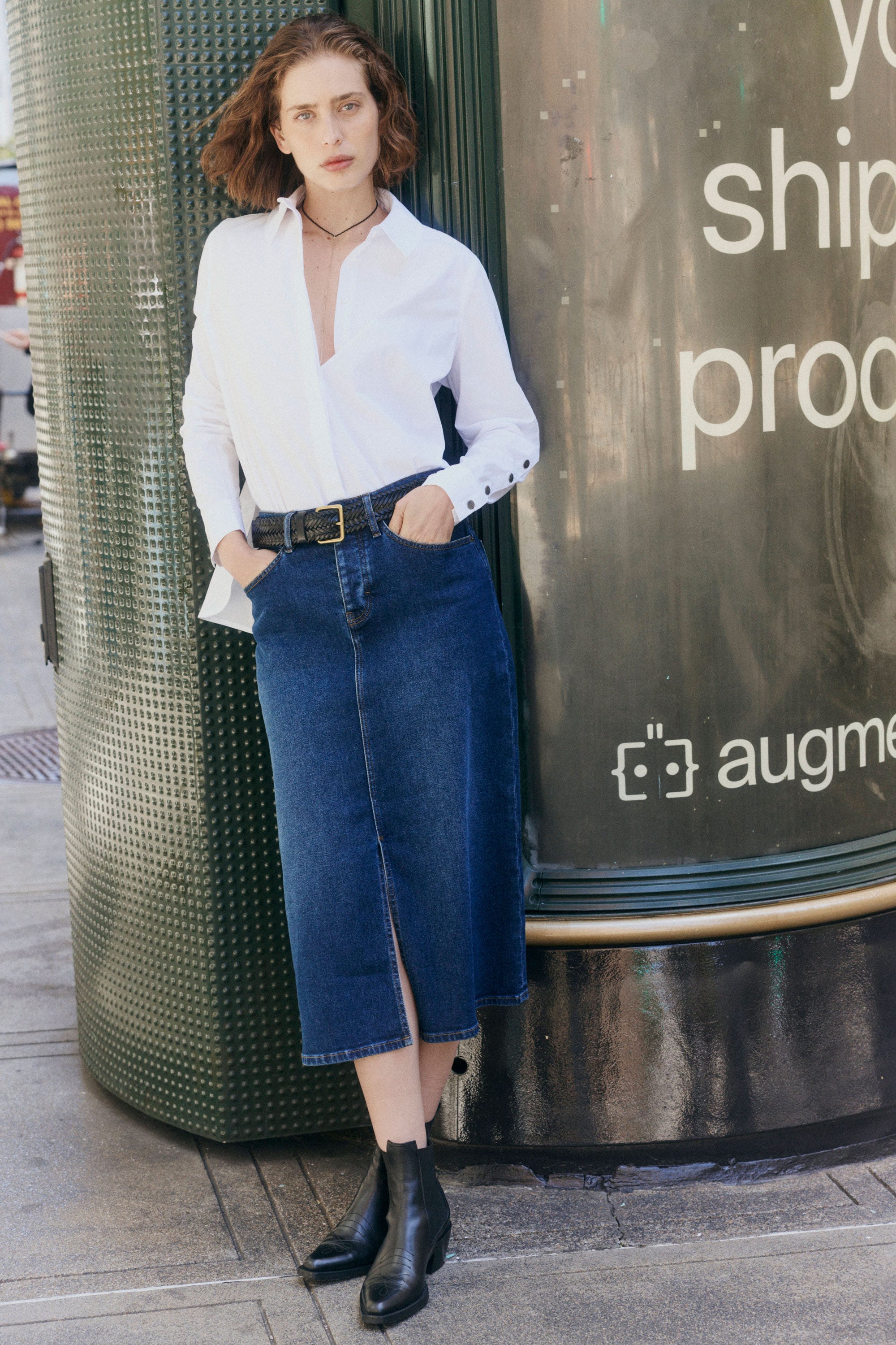 A-Line Stretch Denim Midi Skirt