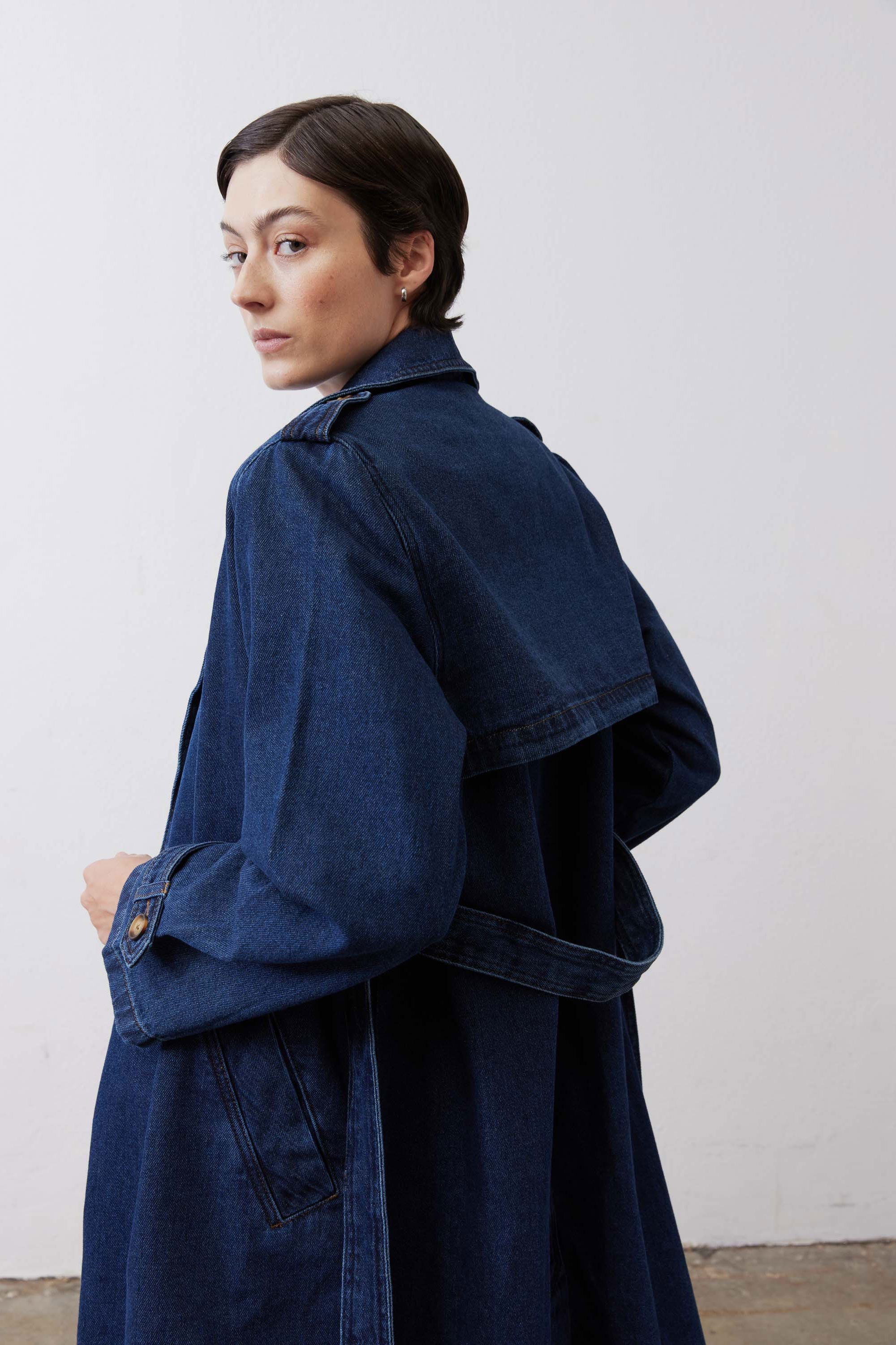 Relaxed Double-Breasted Denim Trench Coat