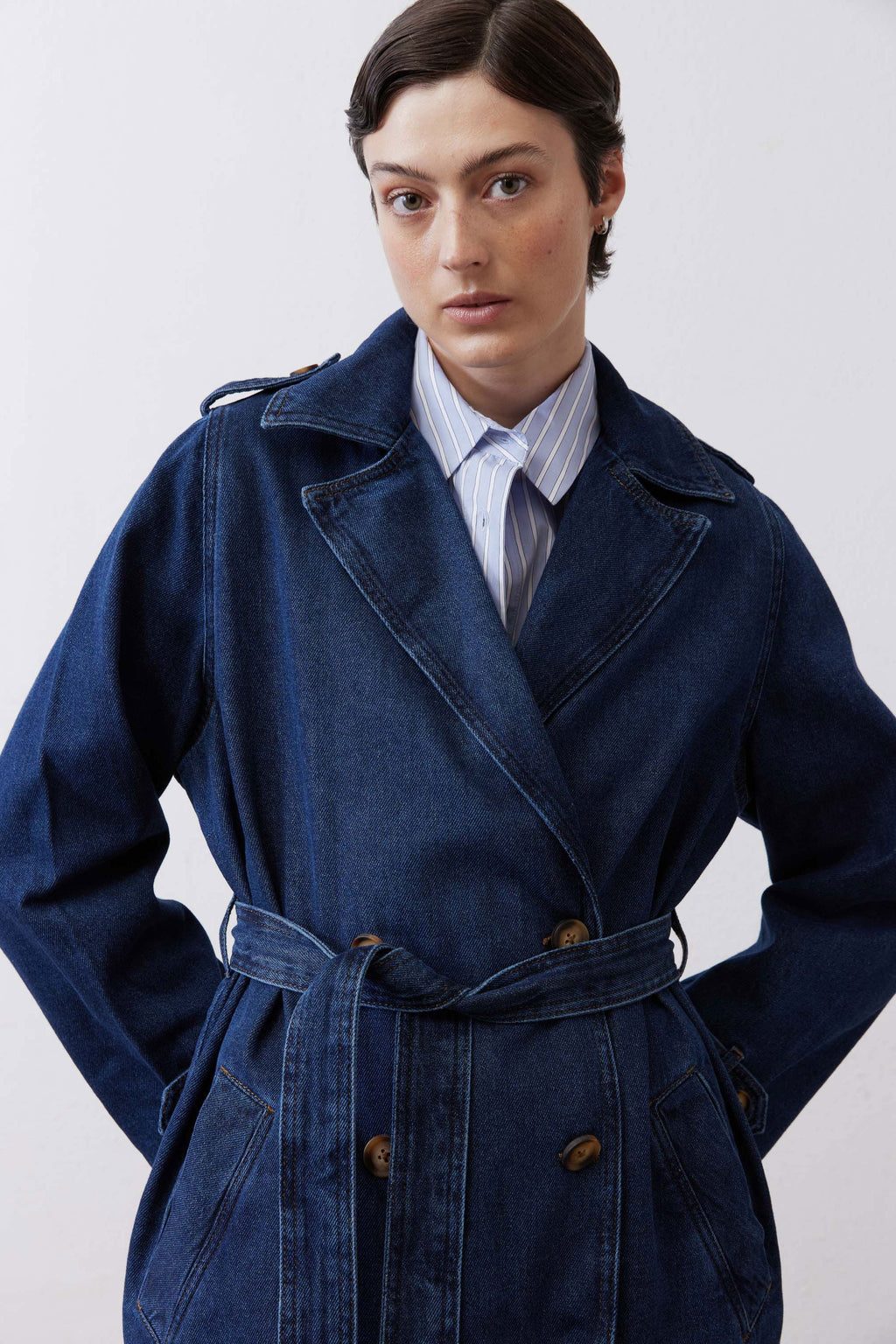 Relaxed Double-Breasted Denim Trench Coat