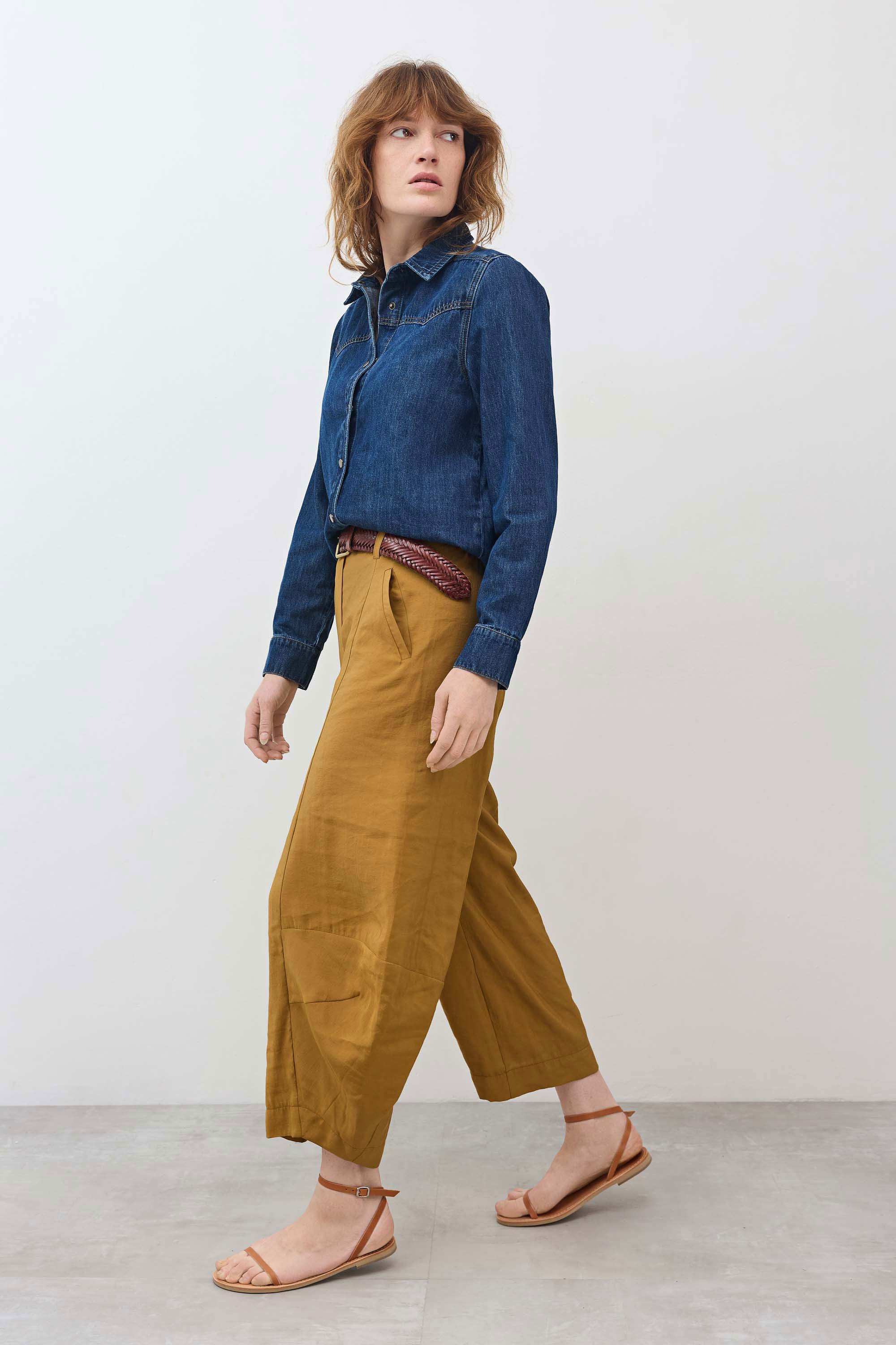 Relaxed Button-Front Medium-Wash Denim Shirt