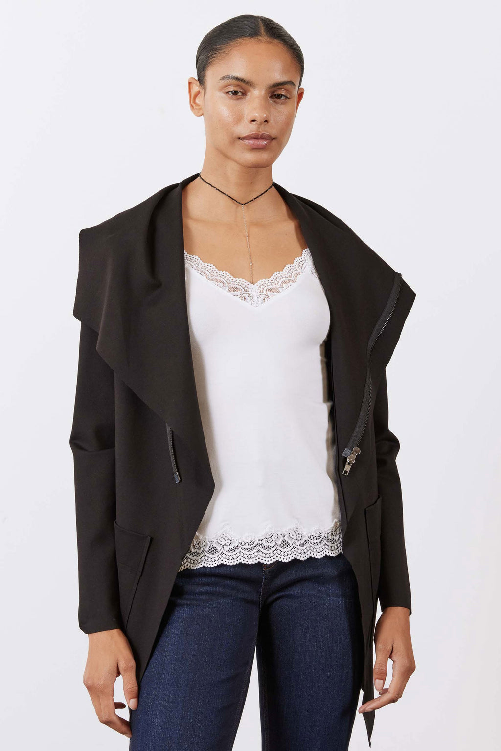 Double-Zip Drapey Jacket with Raw Hem
