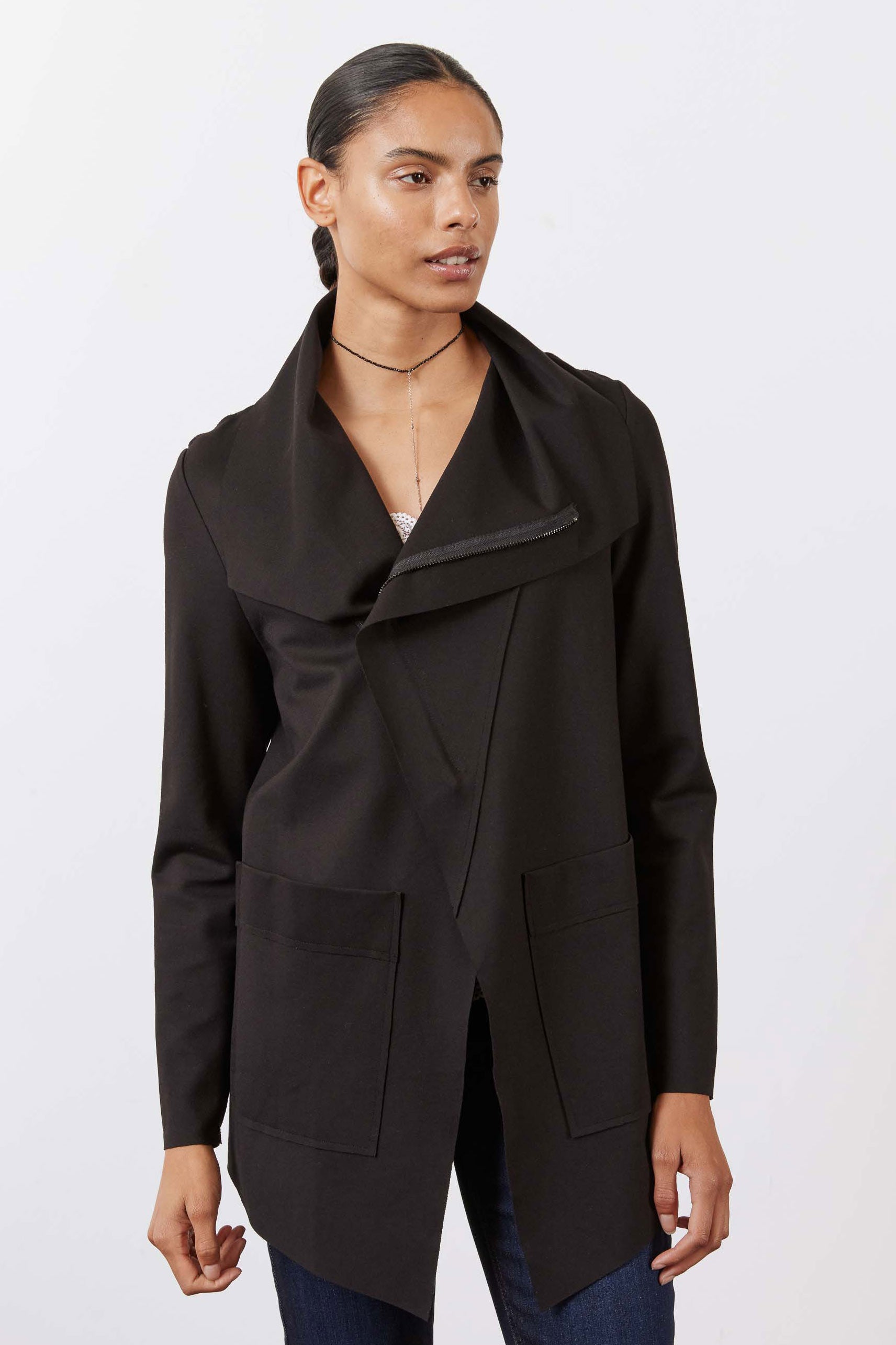Double-Zip Drapey Jacket with Raw Hem