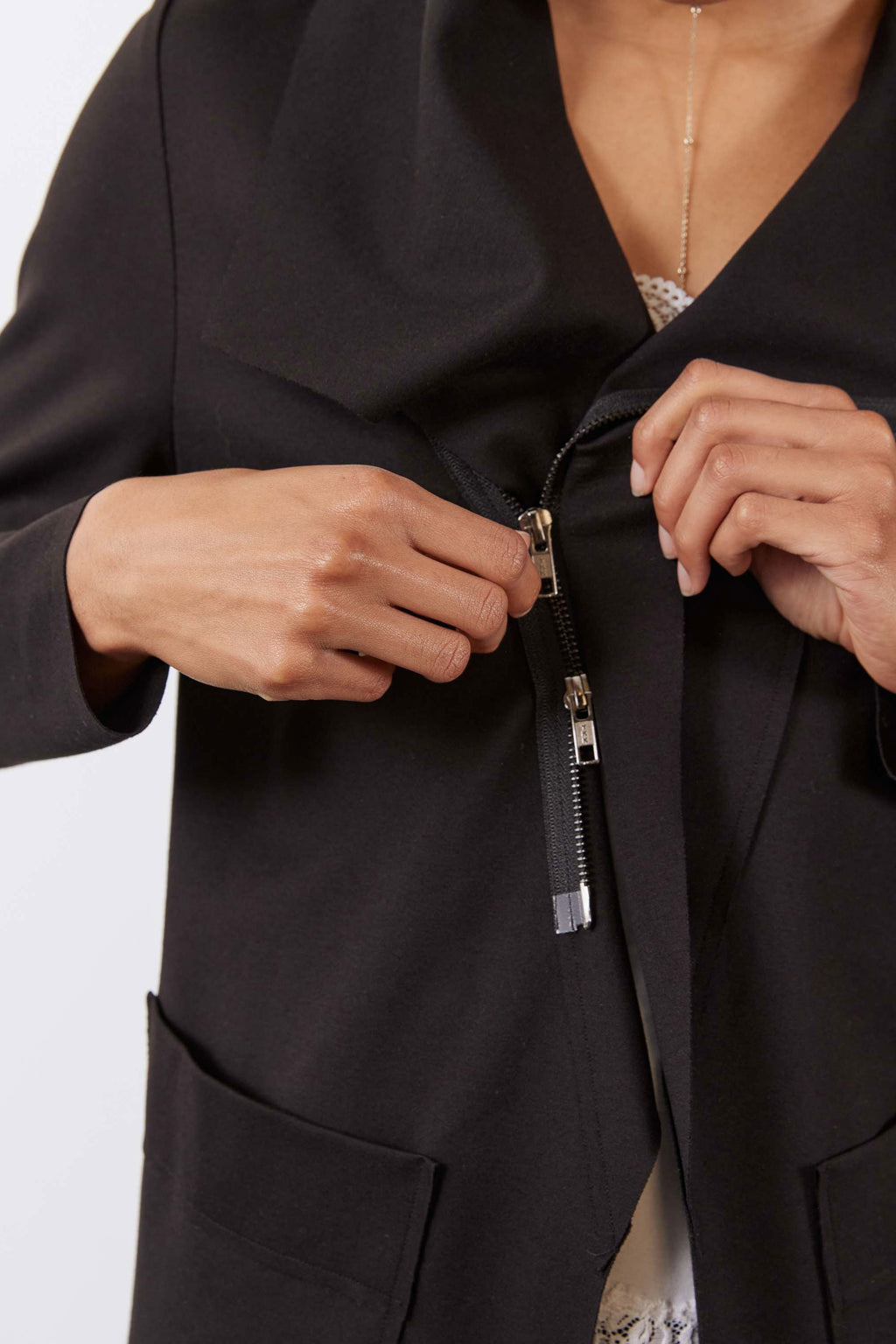 Double-Zip Drapey Jacket with Raw Hem