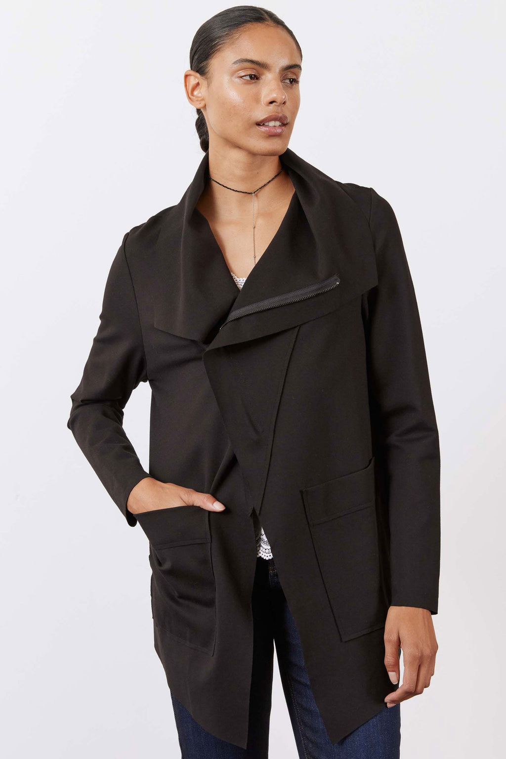 Double-Zip Drapey Jacket with Raw Hem