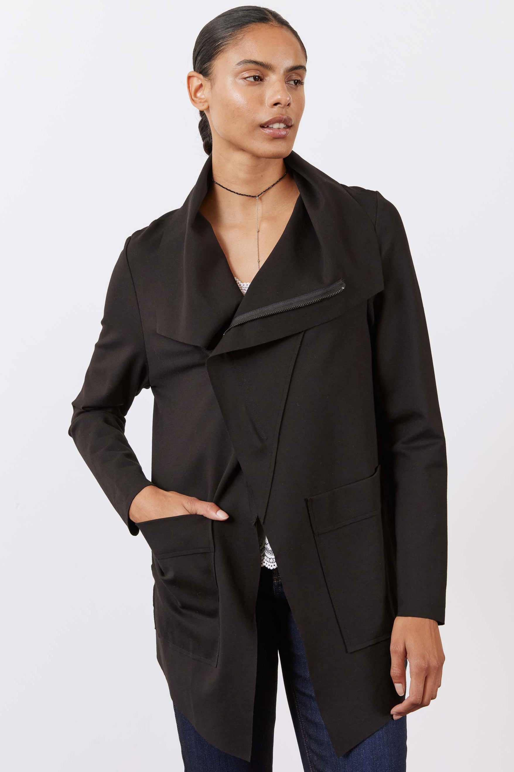 Double-Zip Drapey Jacket with Raw Hem