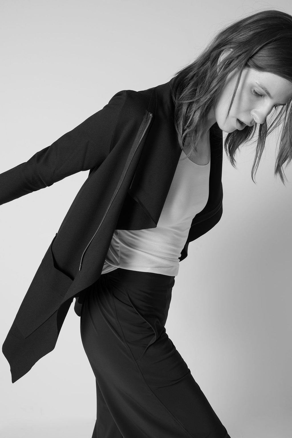 Double-Zip Drapey Jacket with Raw Hem