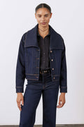 Cropped Wide-Collar Dark Wash Denim Jacket