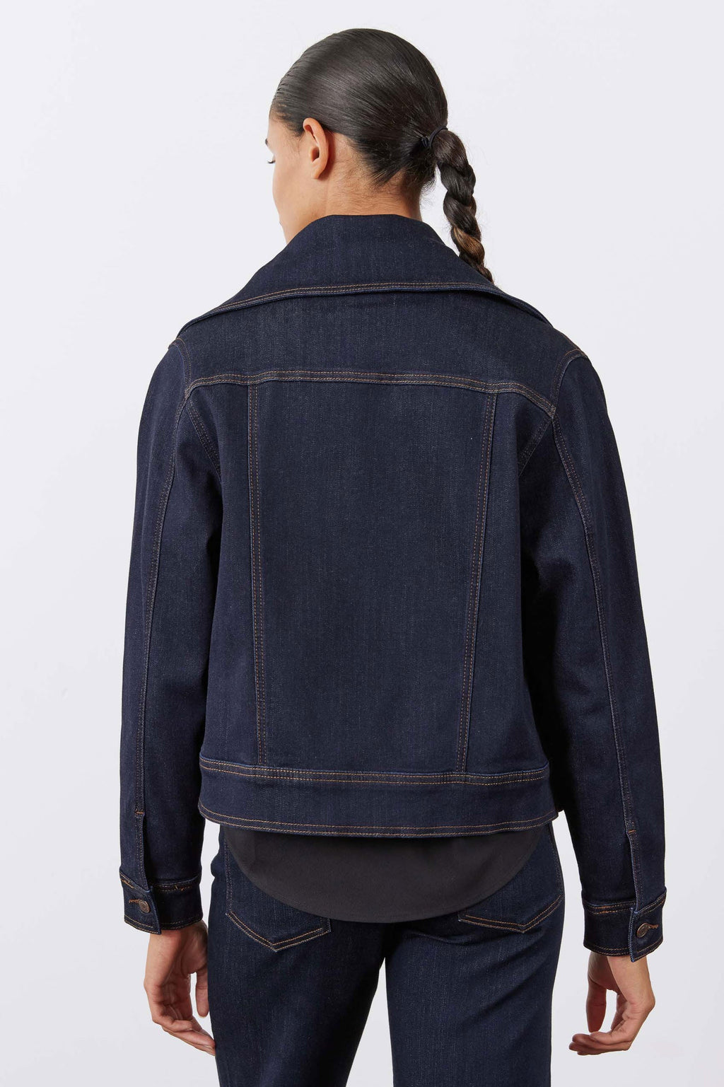 Cropped Wide-Collar Dark Wash Denim Jacket