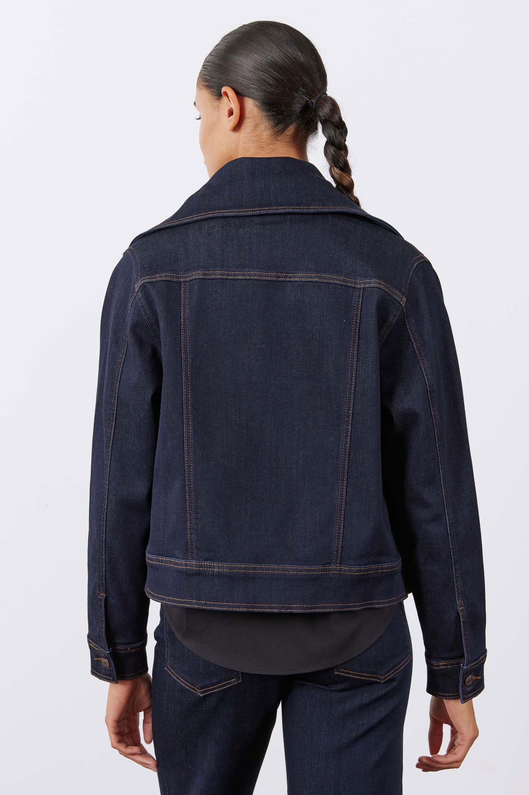Cropped Wide-Collar Dark Wash Denim Jacket
