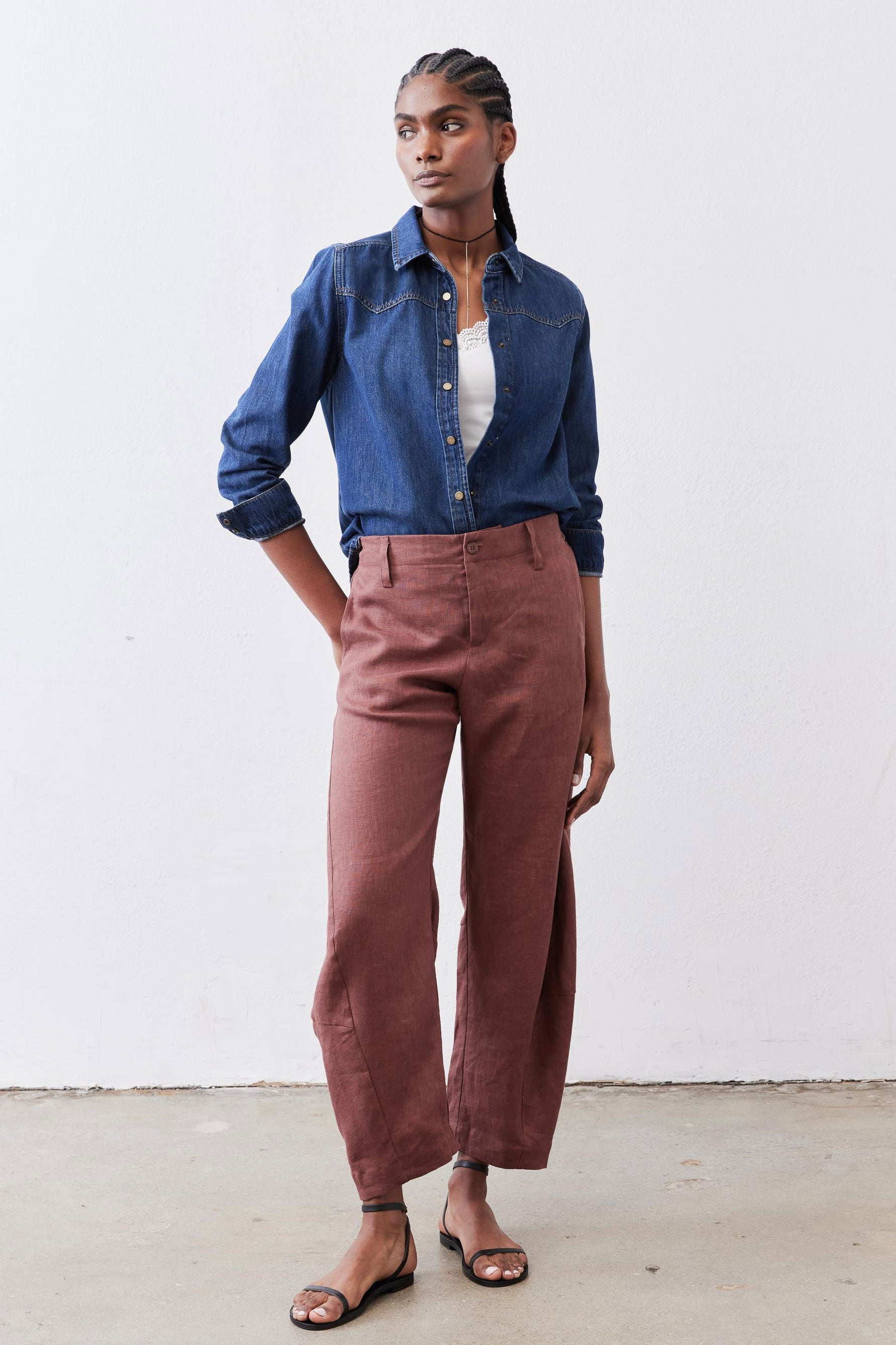 Relaxed Button-Front Medium-Wash Denim Shirt