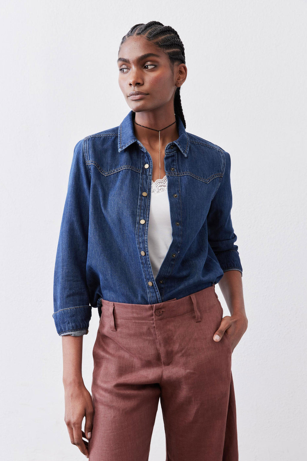 Relaxed Button-Front Medium-Wash Denim Shirt