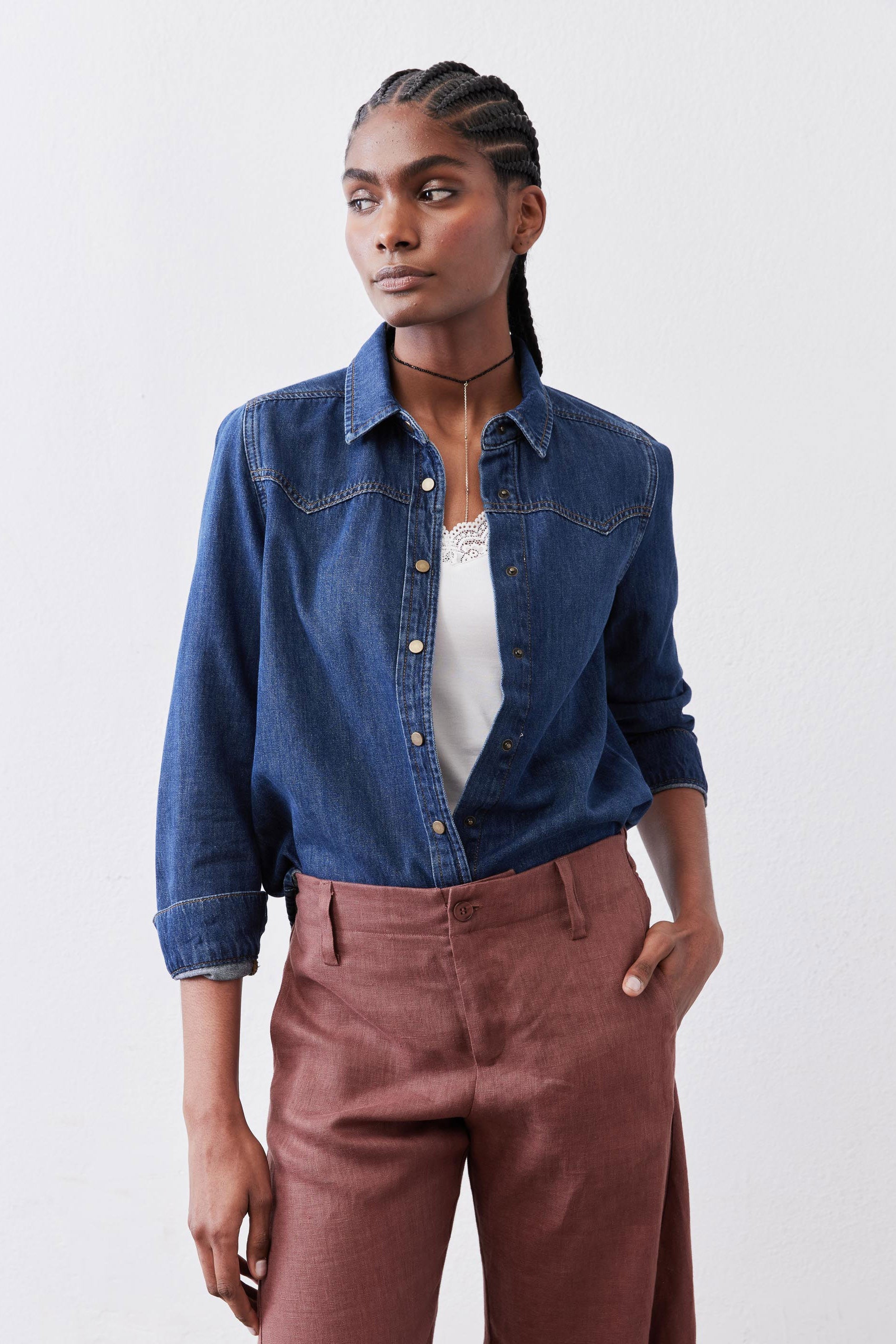 Relaxed Button-Front Medium-Wash Denim Shirt