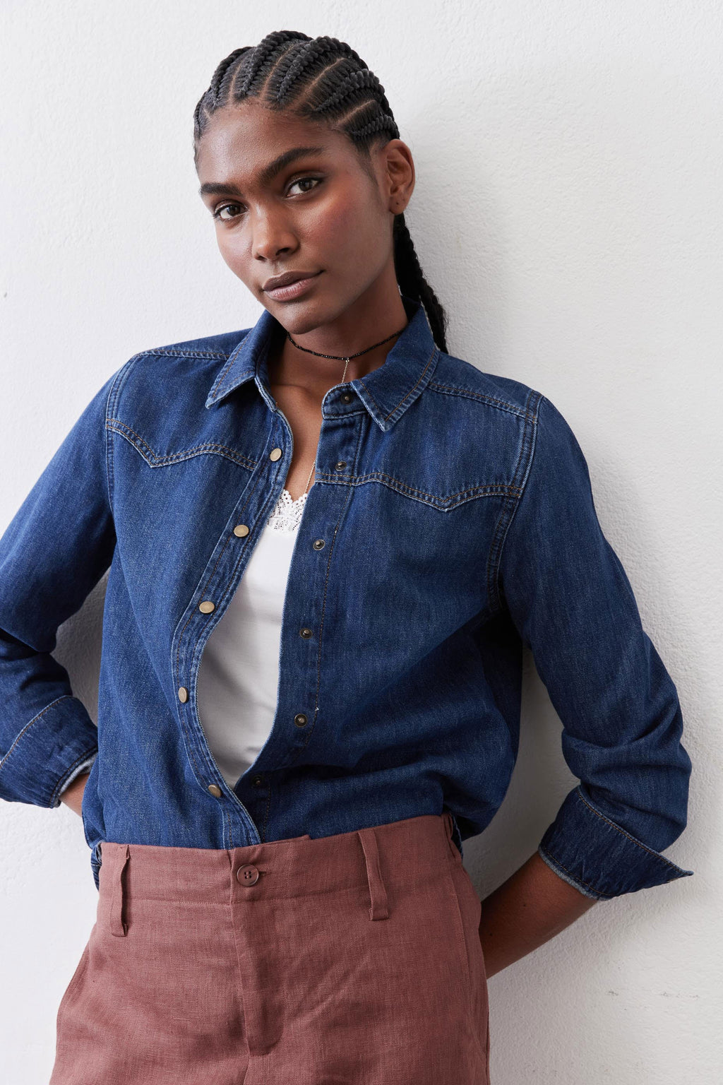Relaxed Button-Front Medium-Wash Denim Shirt
