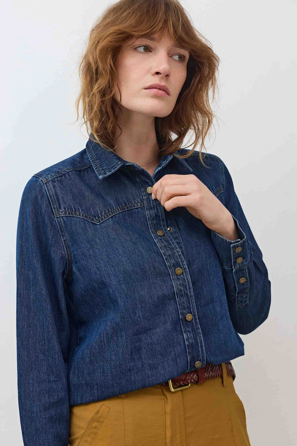 Relaxed Button-Front Medium-Wash Denim Shirt