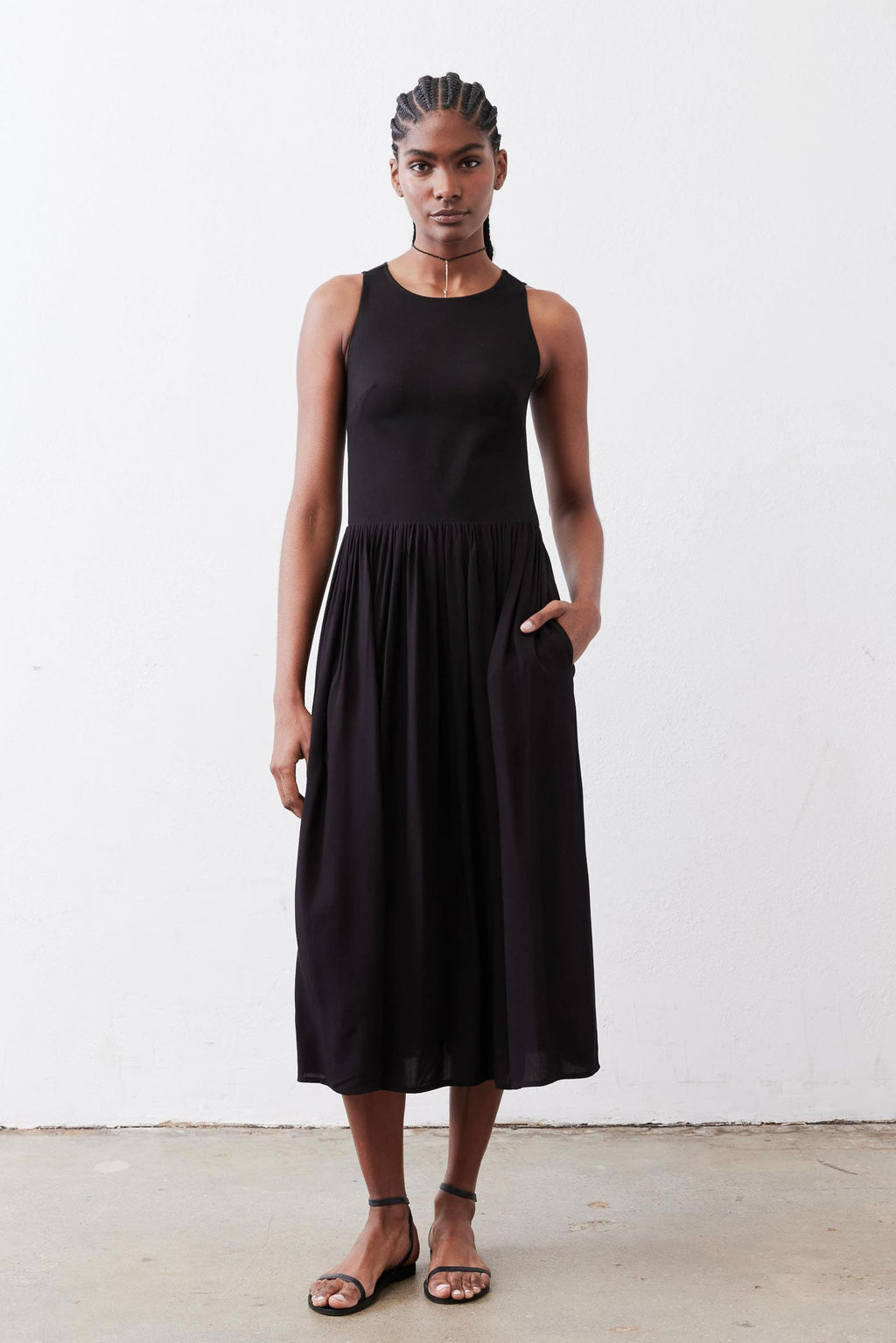 High-Neck Tank Midi Dress in Black