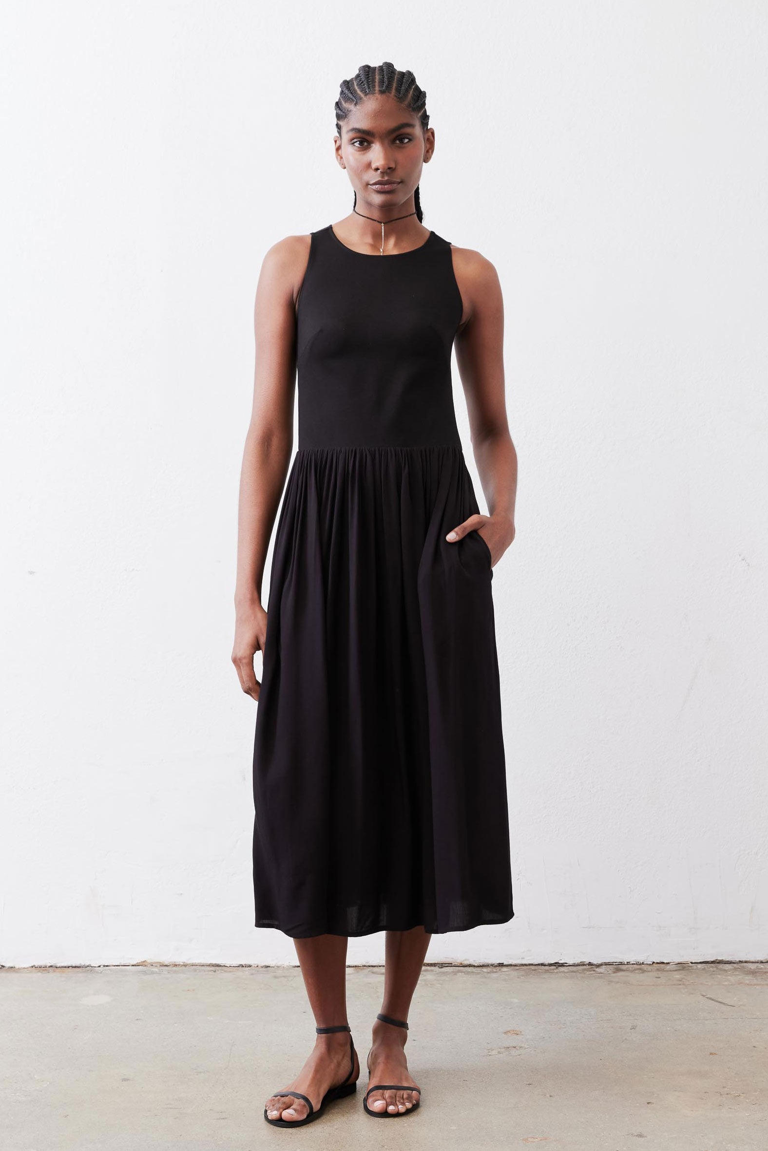 High-Neck Tank Midi Dress in Black