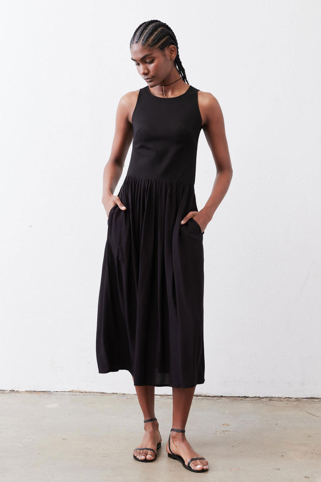 High-Neck Tank Midi Dress in Black