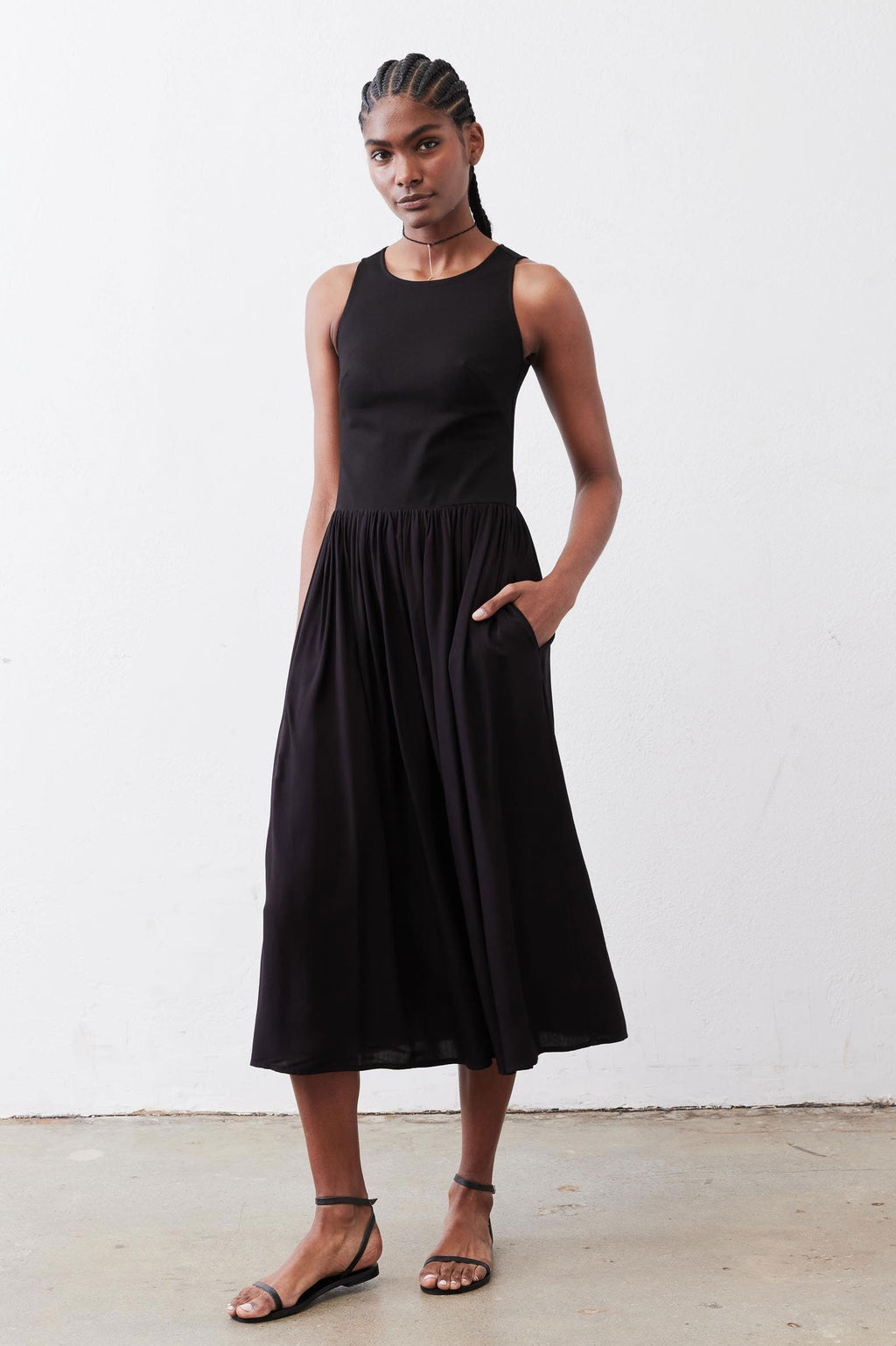High-Neck Tank Midi Dress in Black