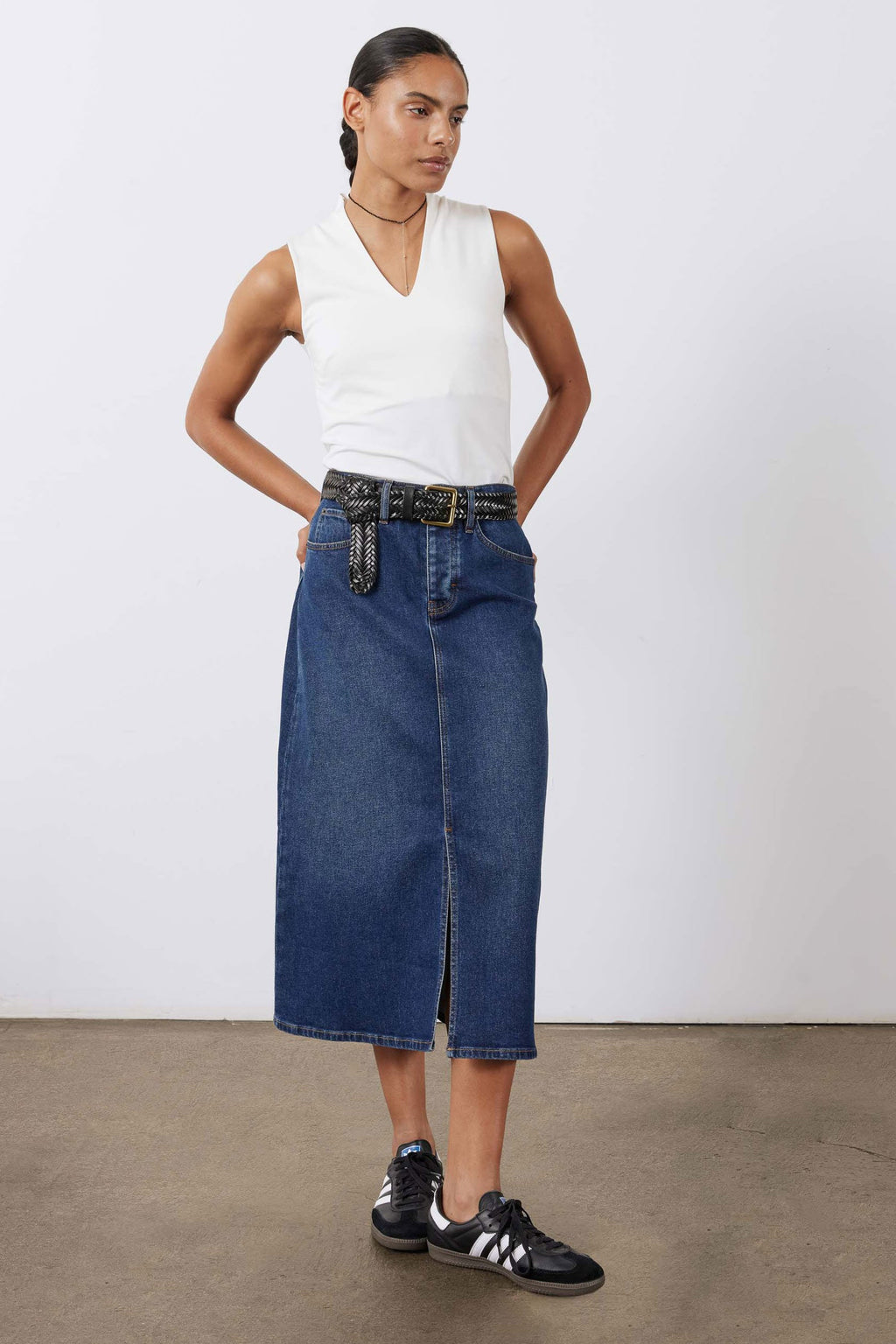A-Line Stretch Denim Midi Skirt