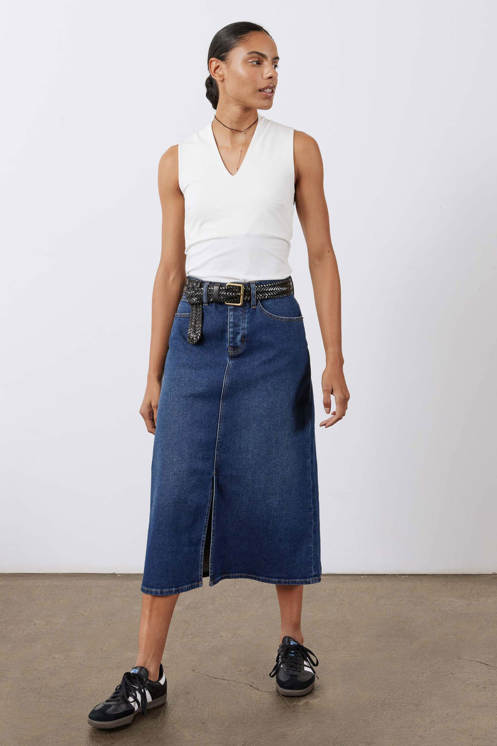A-Line Stretch Denim Midi Skirt