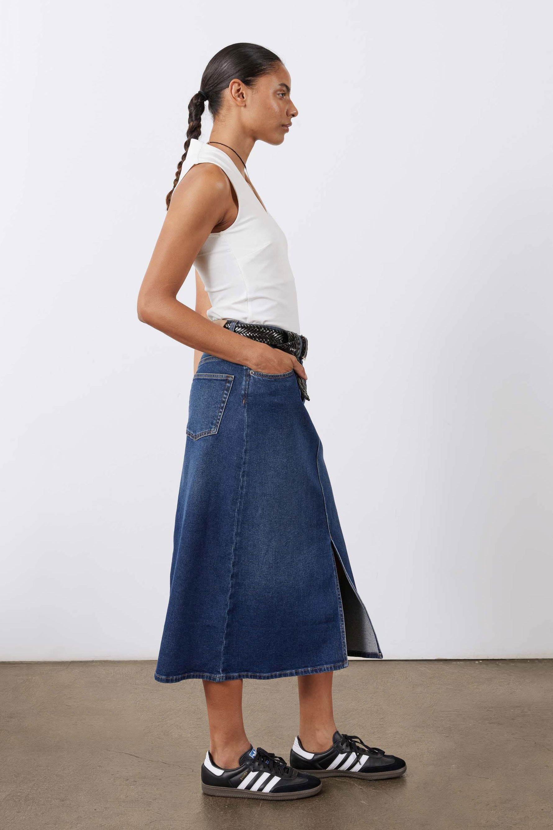 A-Line Stretch Denim Midi Skirt