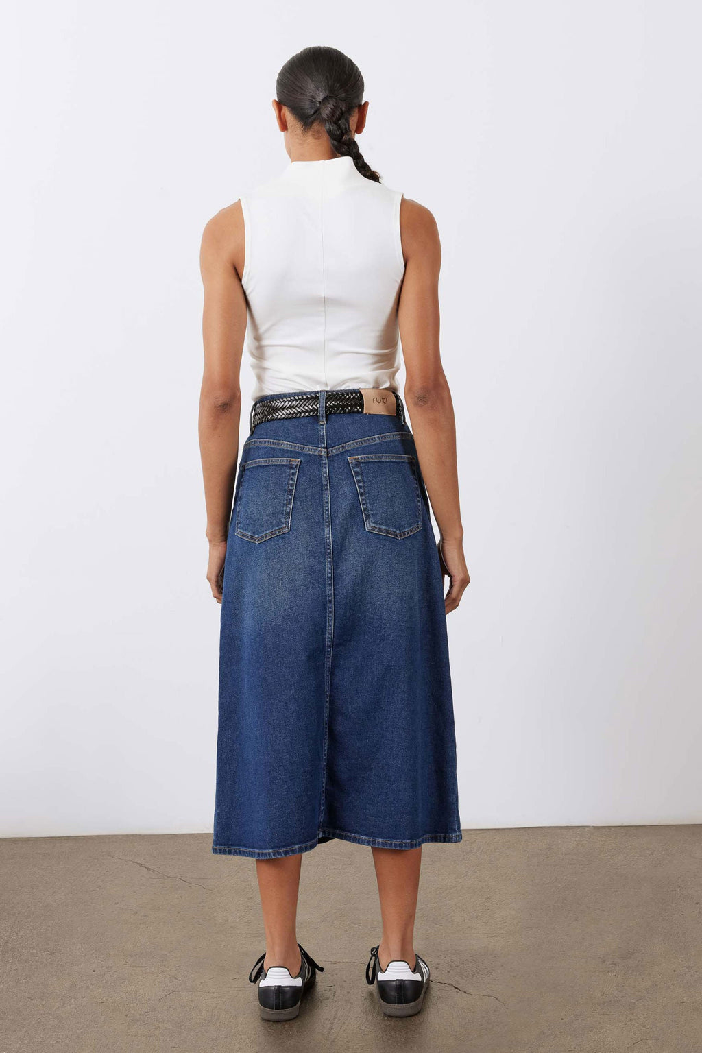 A-Line Stretch Denim Midi Skirt