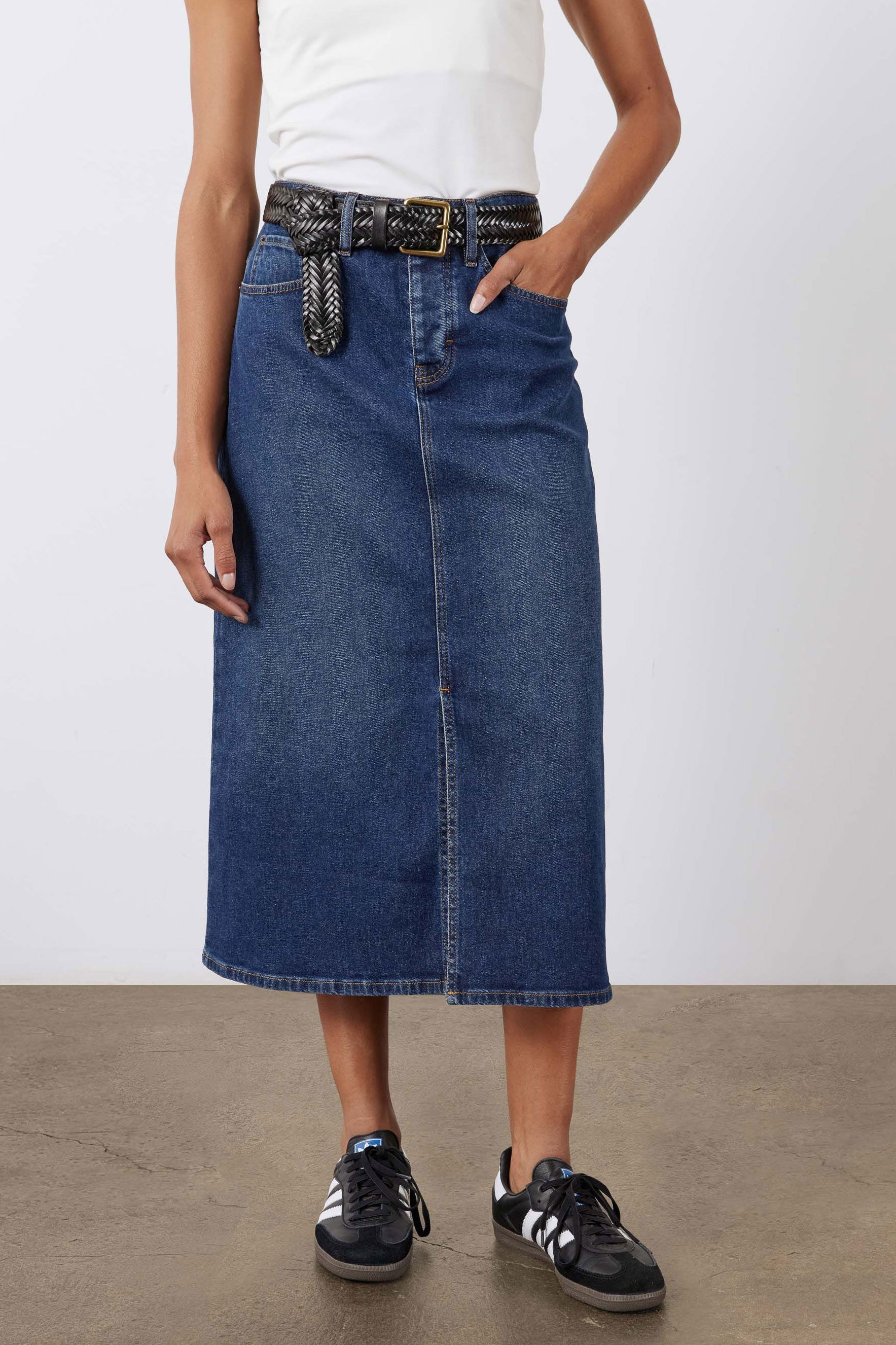 A-Line Stretch Denim Midi Skirt